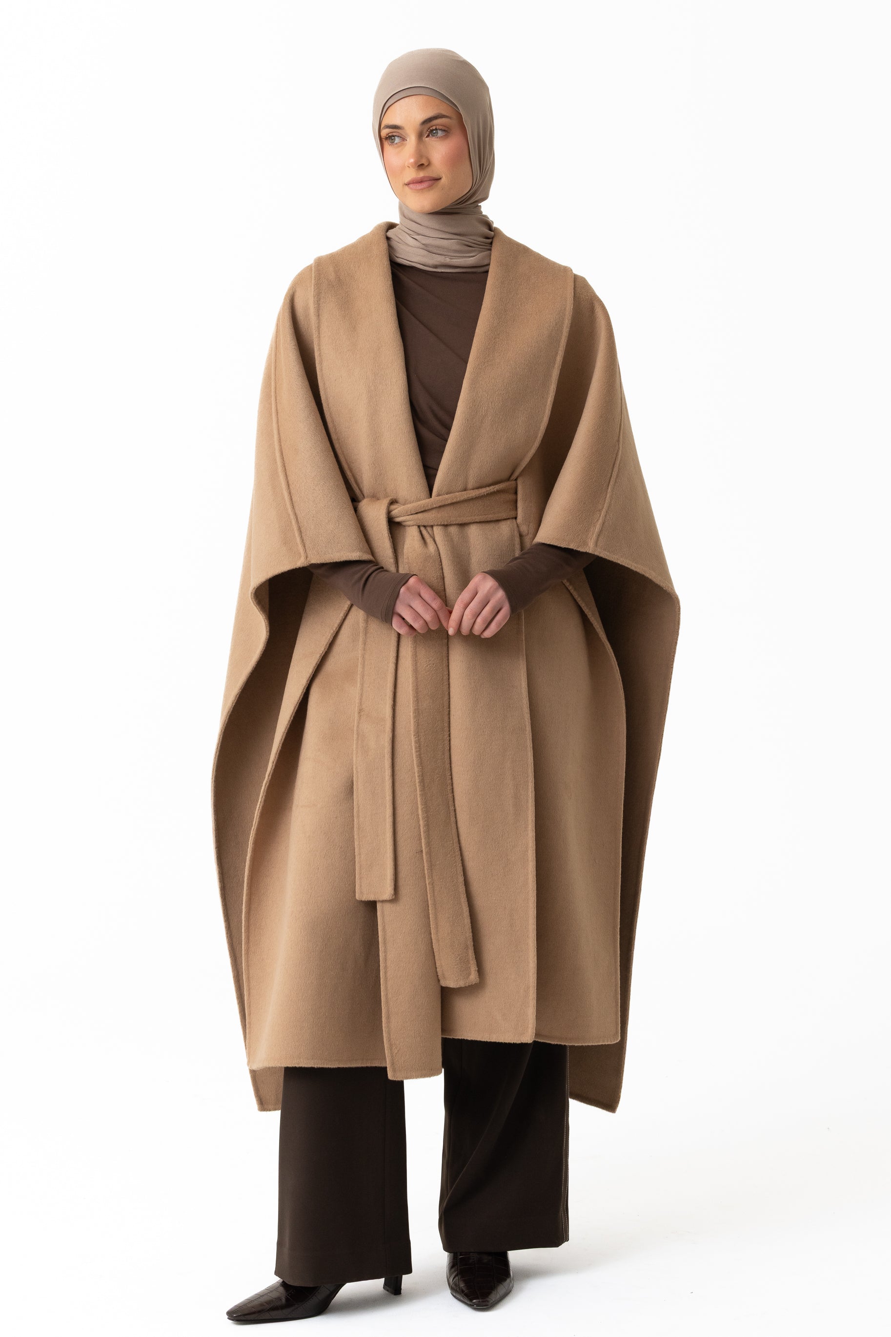 Wool Belted Poncho - Camel