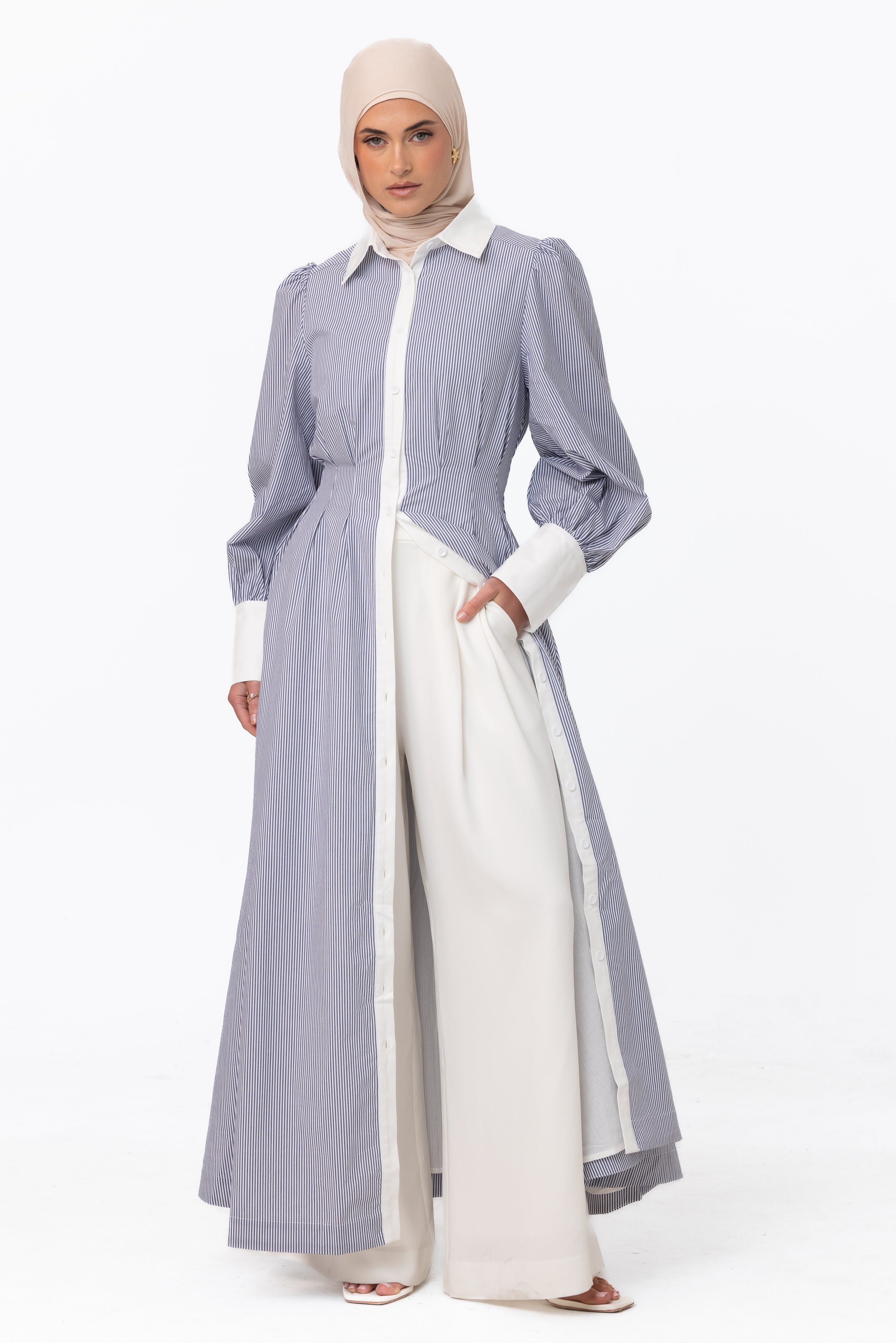 Stripe Button Up Dress - Ocean Blue