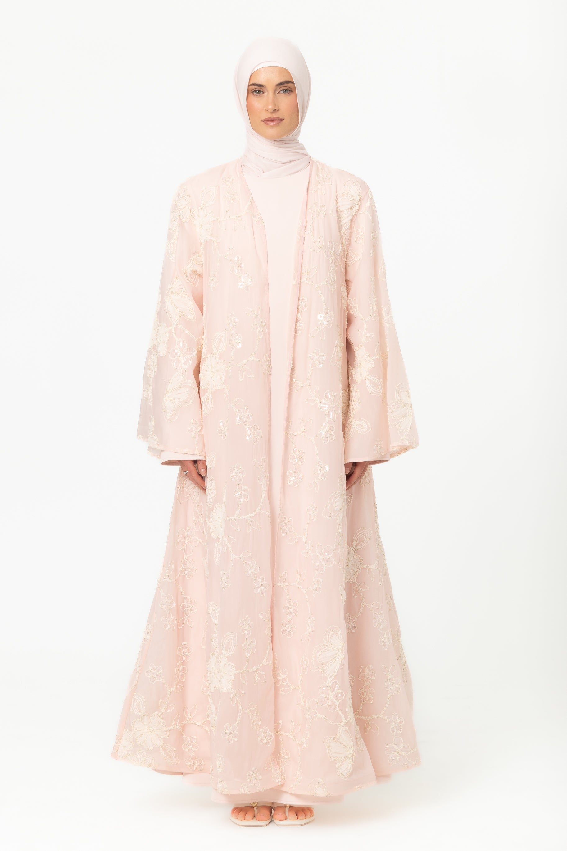 Sheer Embroidered Abaya - Pink