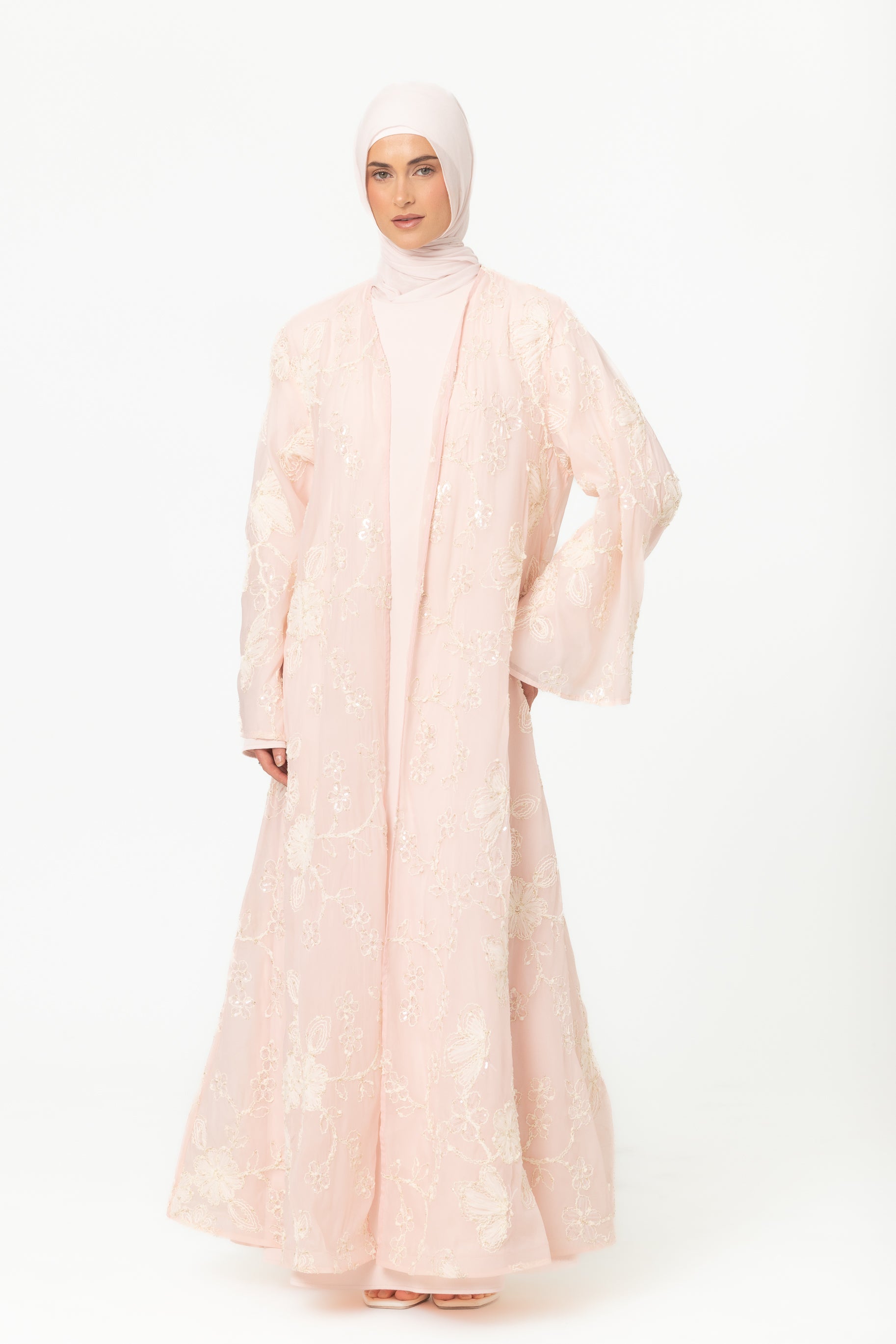 Sheer Embroidered Abaya - Pink
