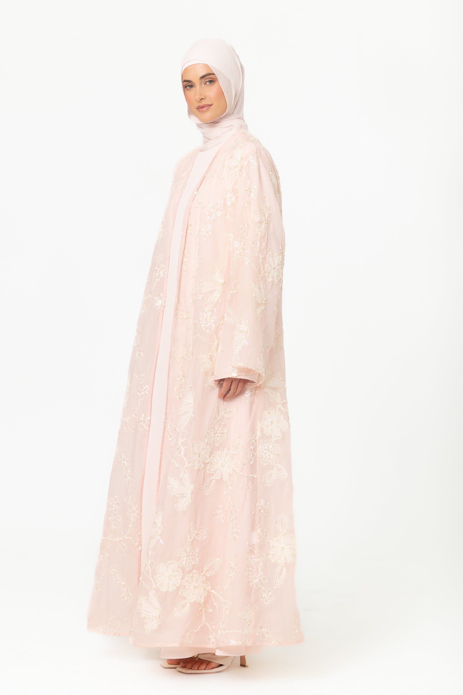 Sheer Embroidered Abaya - Pink