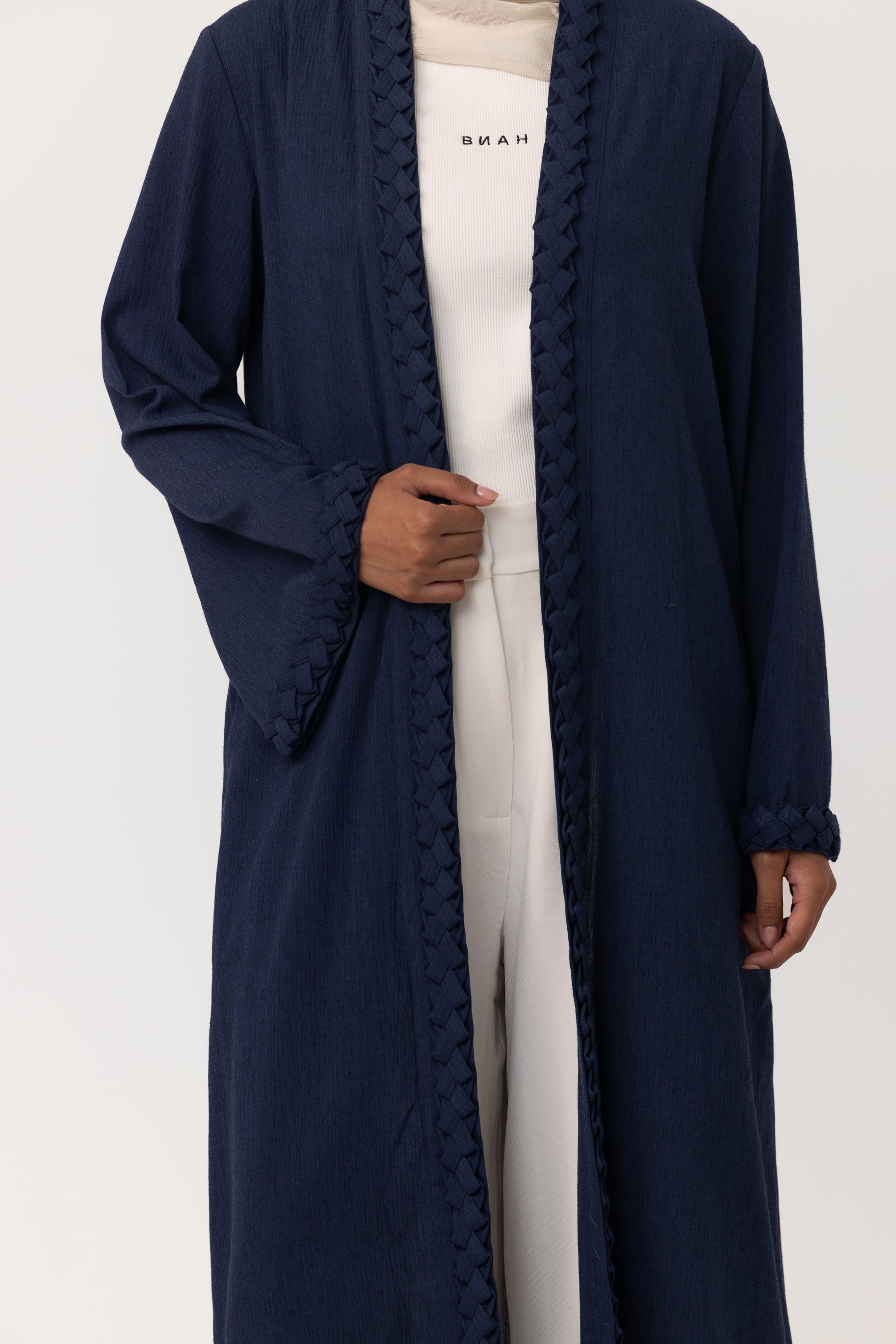 Braided Open Abaya - Navy