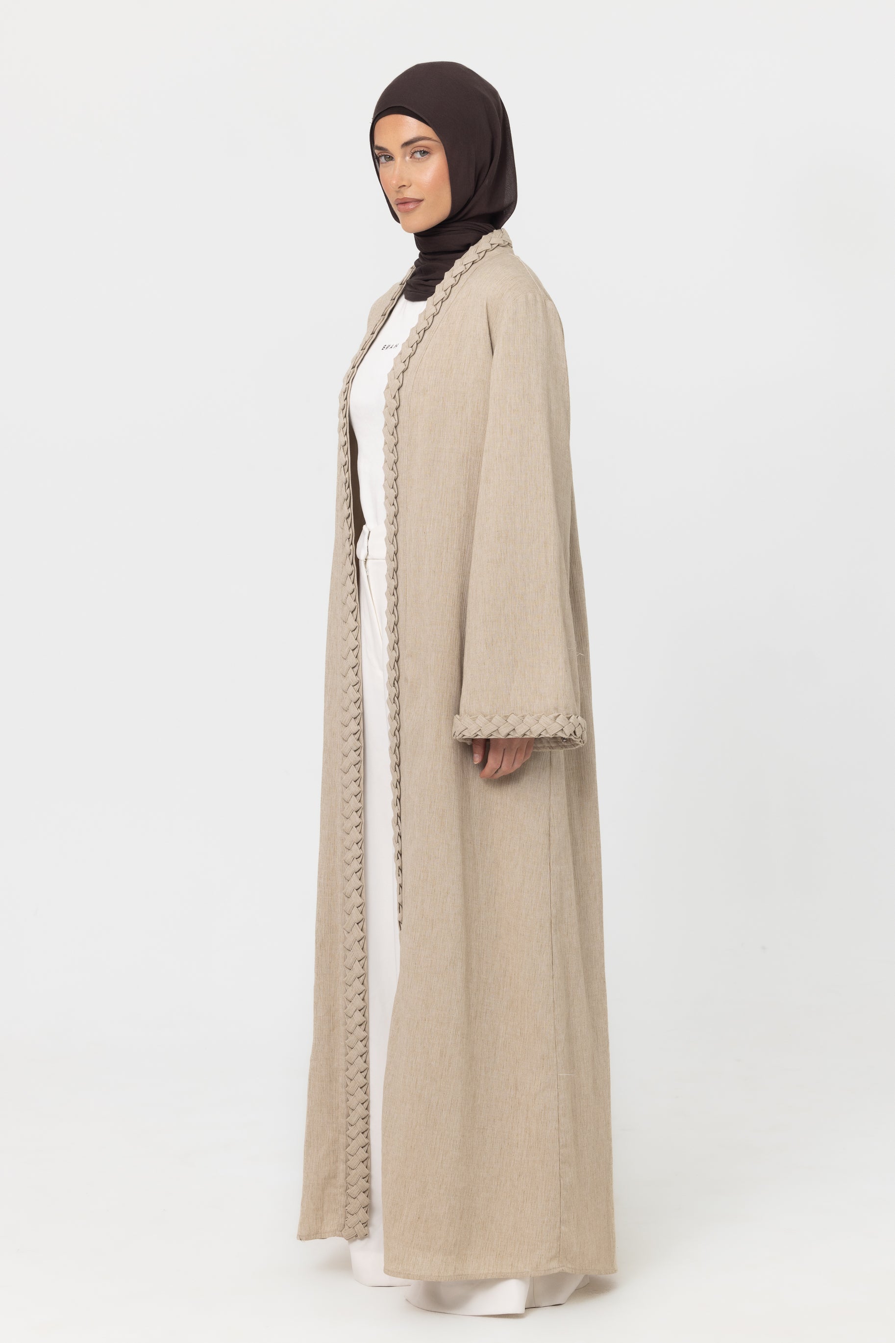 Braided Open Abaya - Linseed