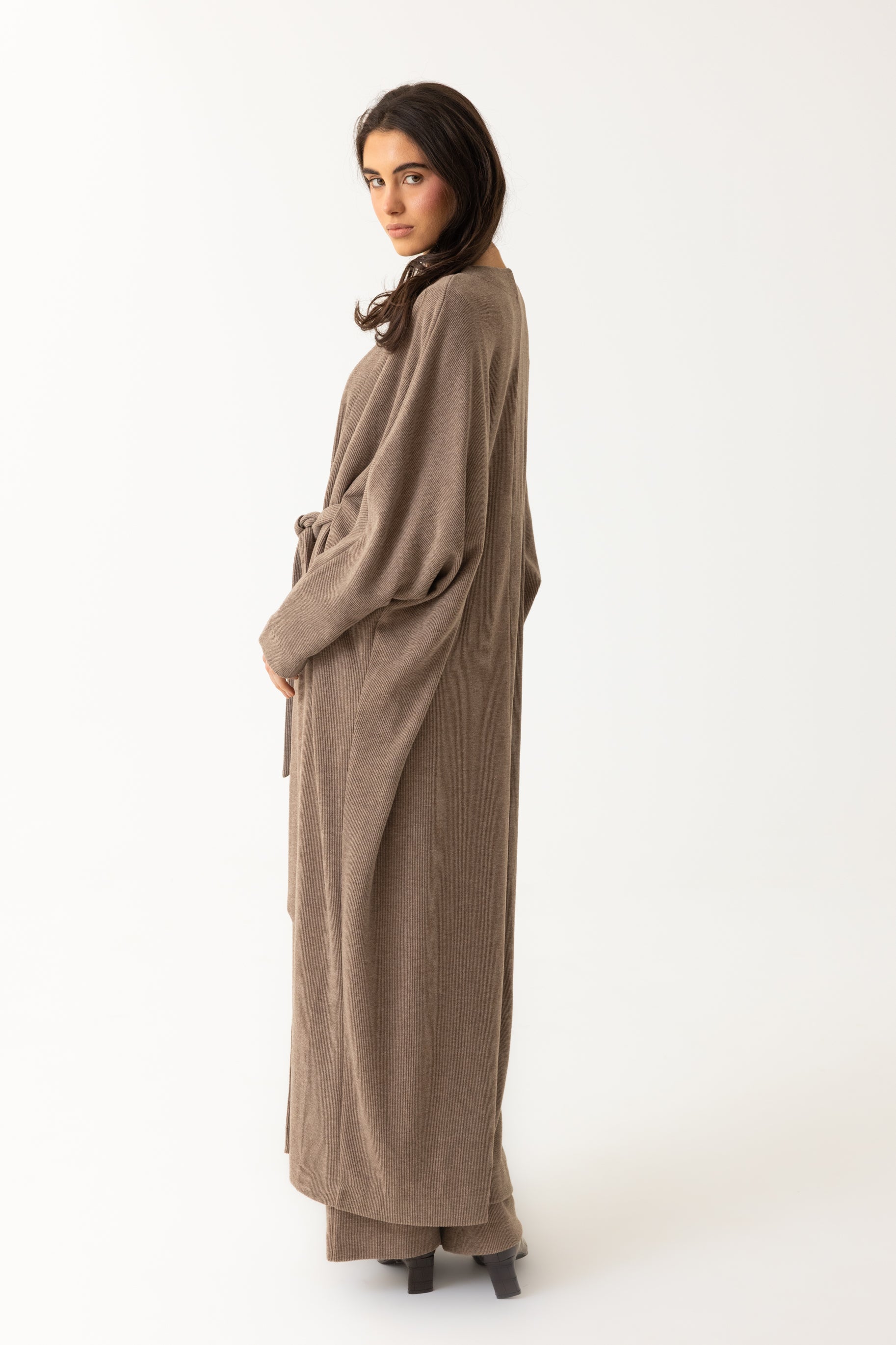 Rib Knit Batwing Abaya - Taupe
