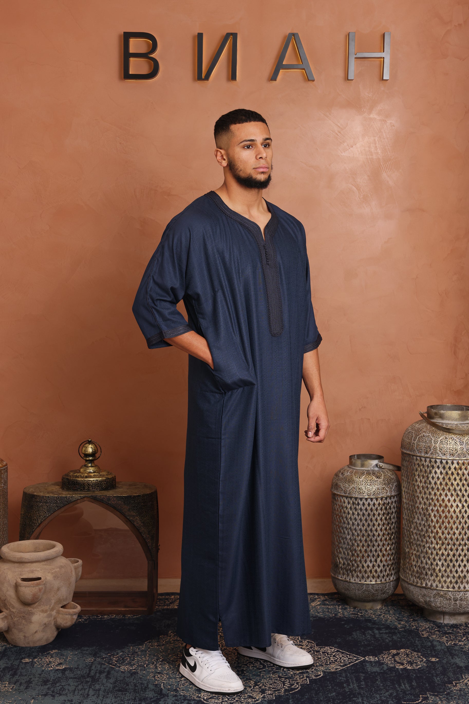 Linen Moroccan Thobe - Navy