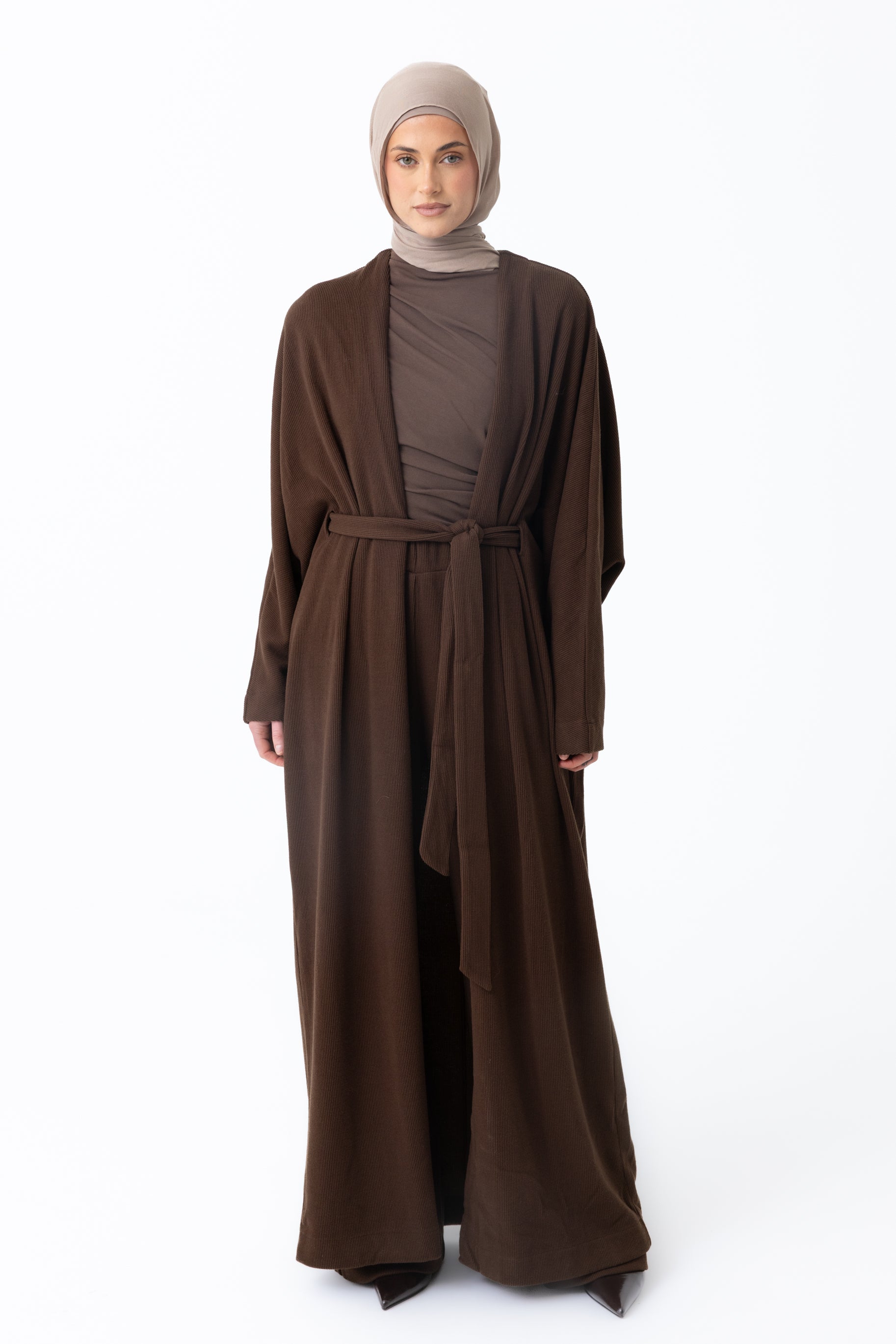 Rib Knit Batwing Abaya - Coffee