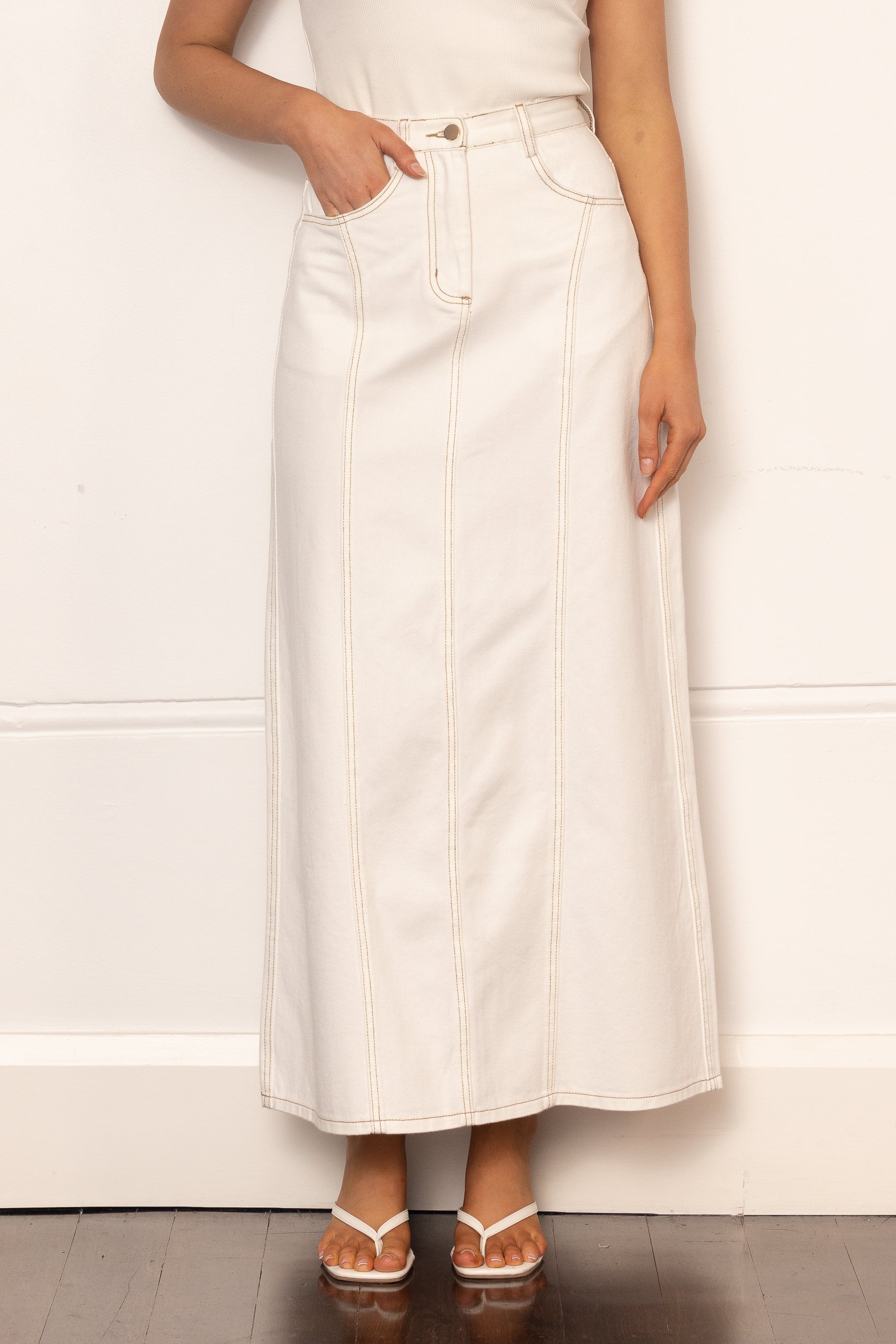 Denim Panelled Skirt - White