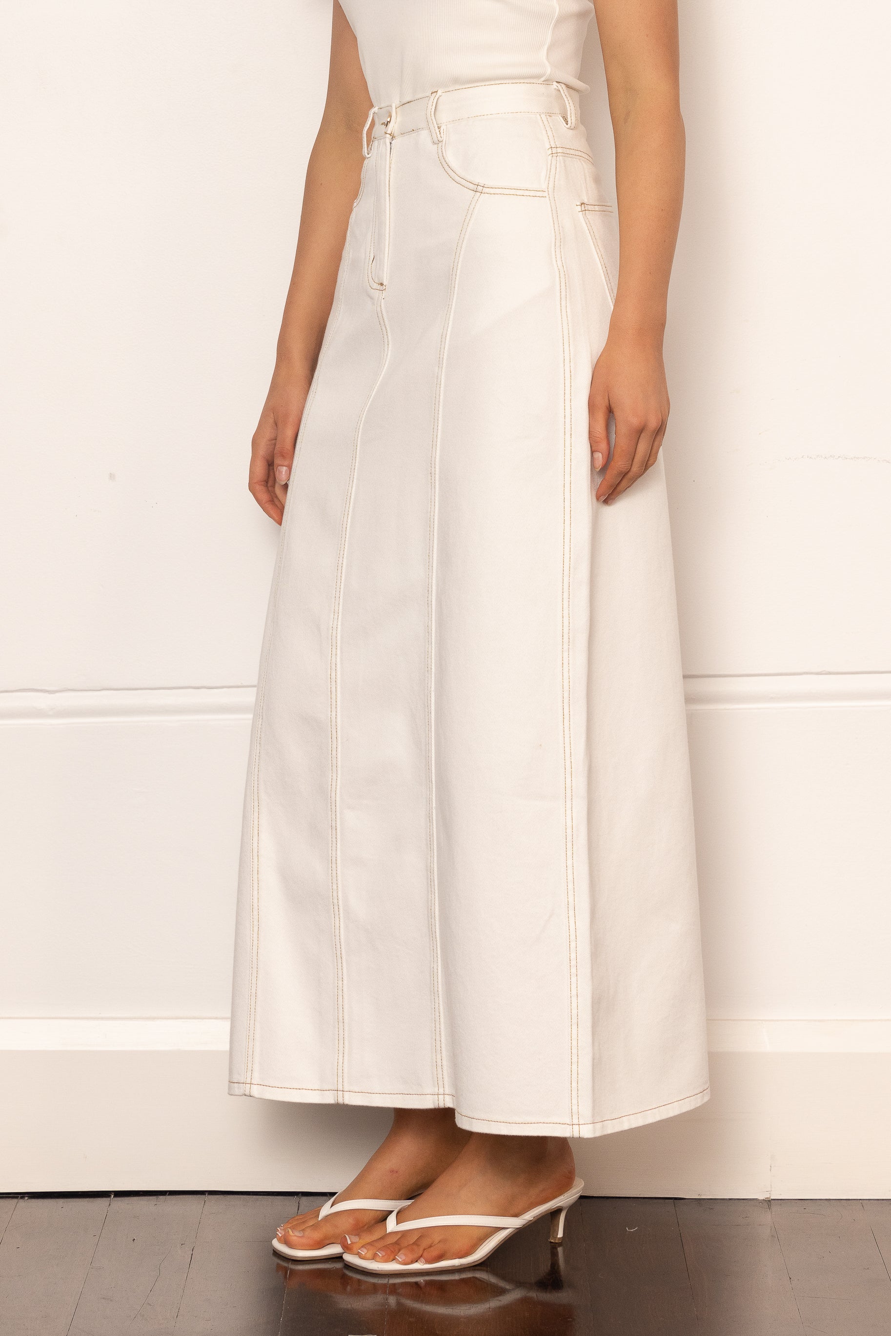 Denim Panelled Skirt - White