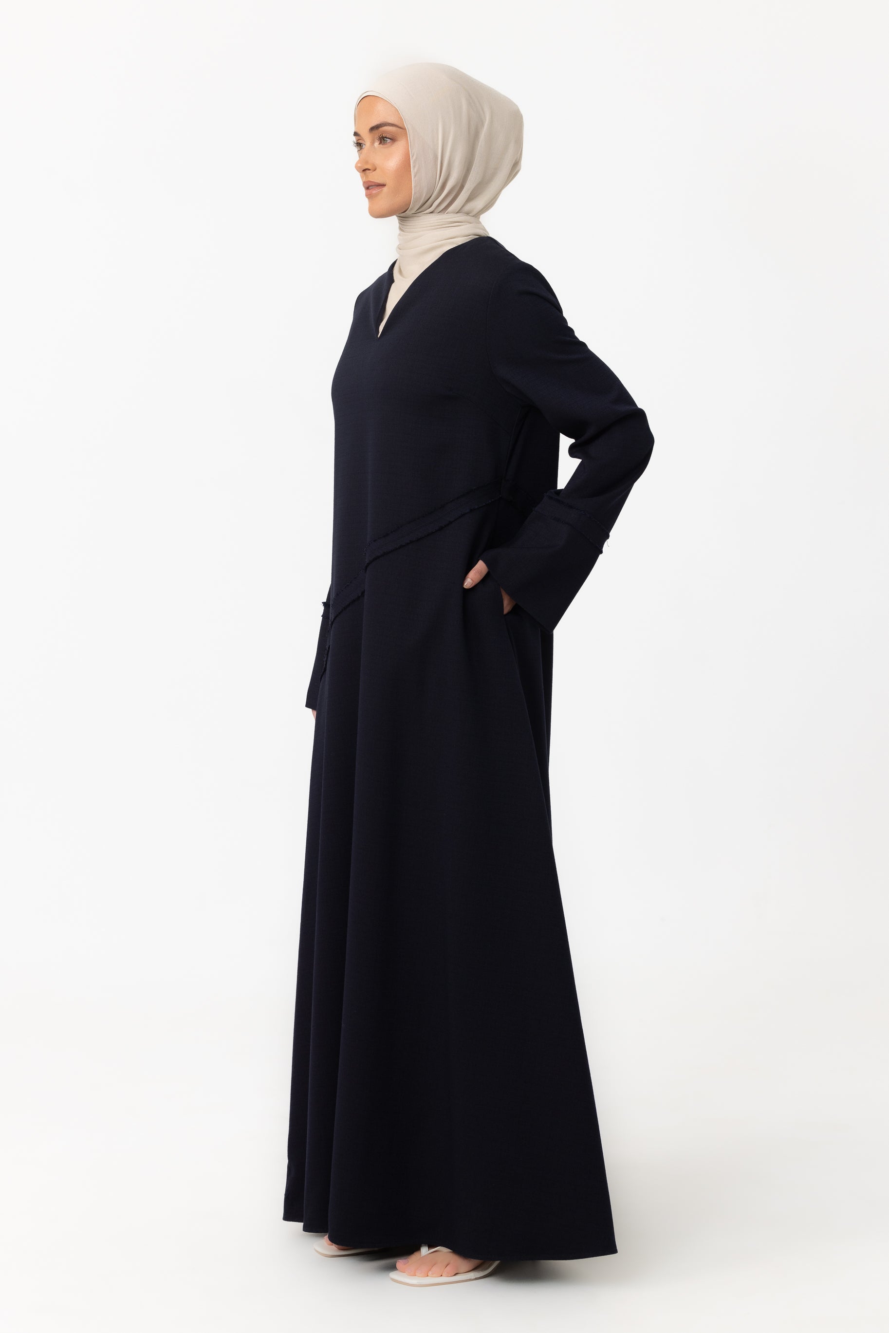 Asymmetric Frayed Abaya - Midnight Blue