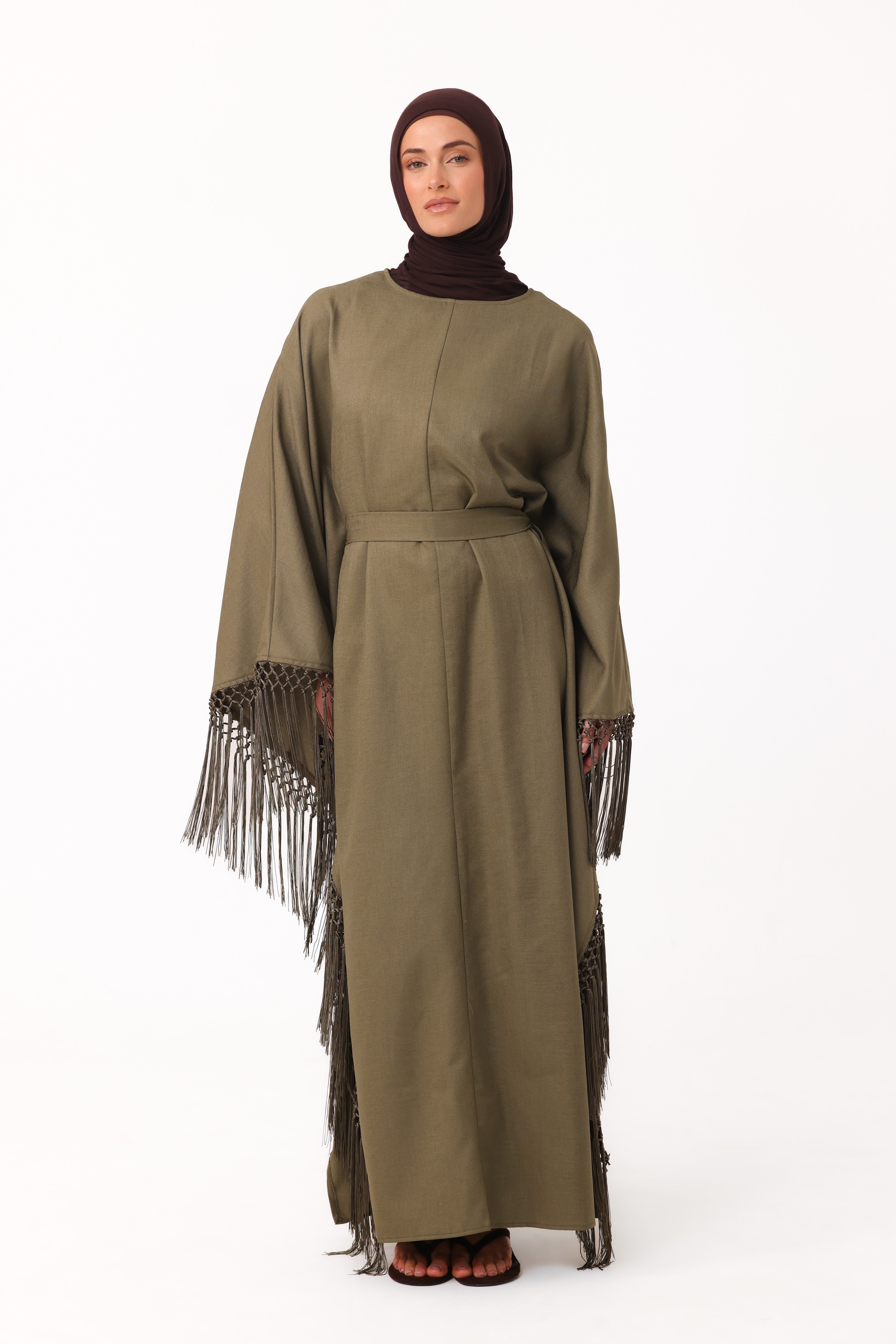 Fringed Batwing Abaya - Dark Olive