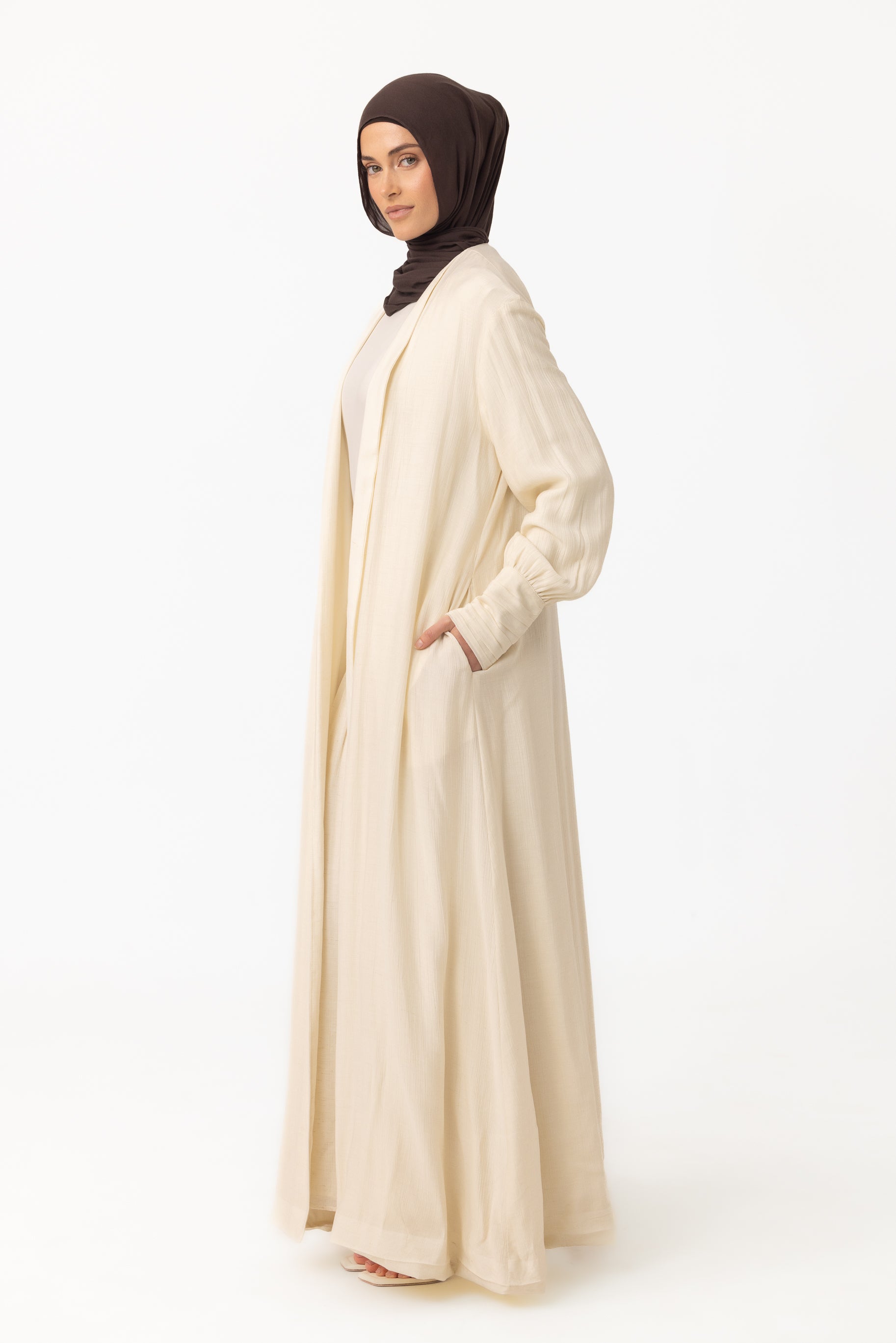 Noelle Ruched Open Abaya - Pearl