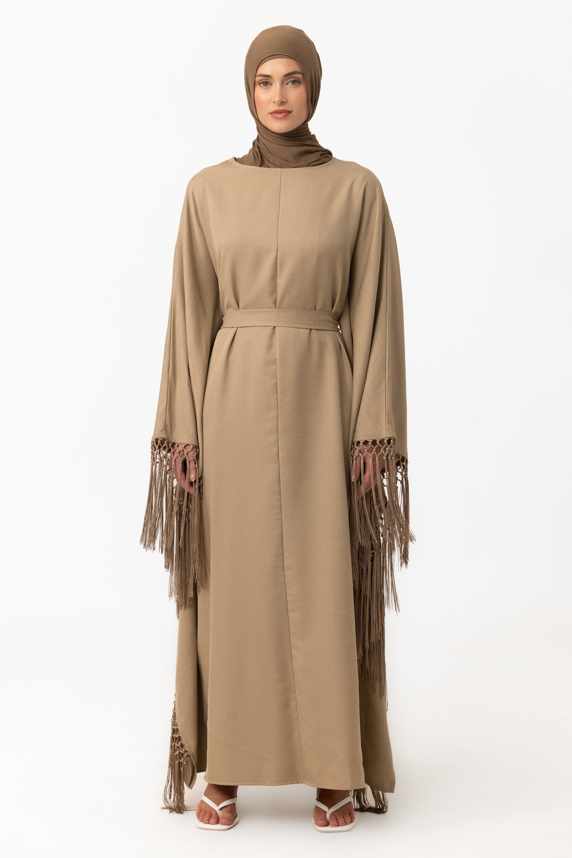 Fringed Batwing Abaya - Mushroom Brown