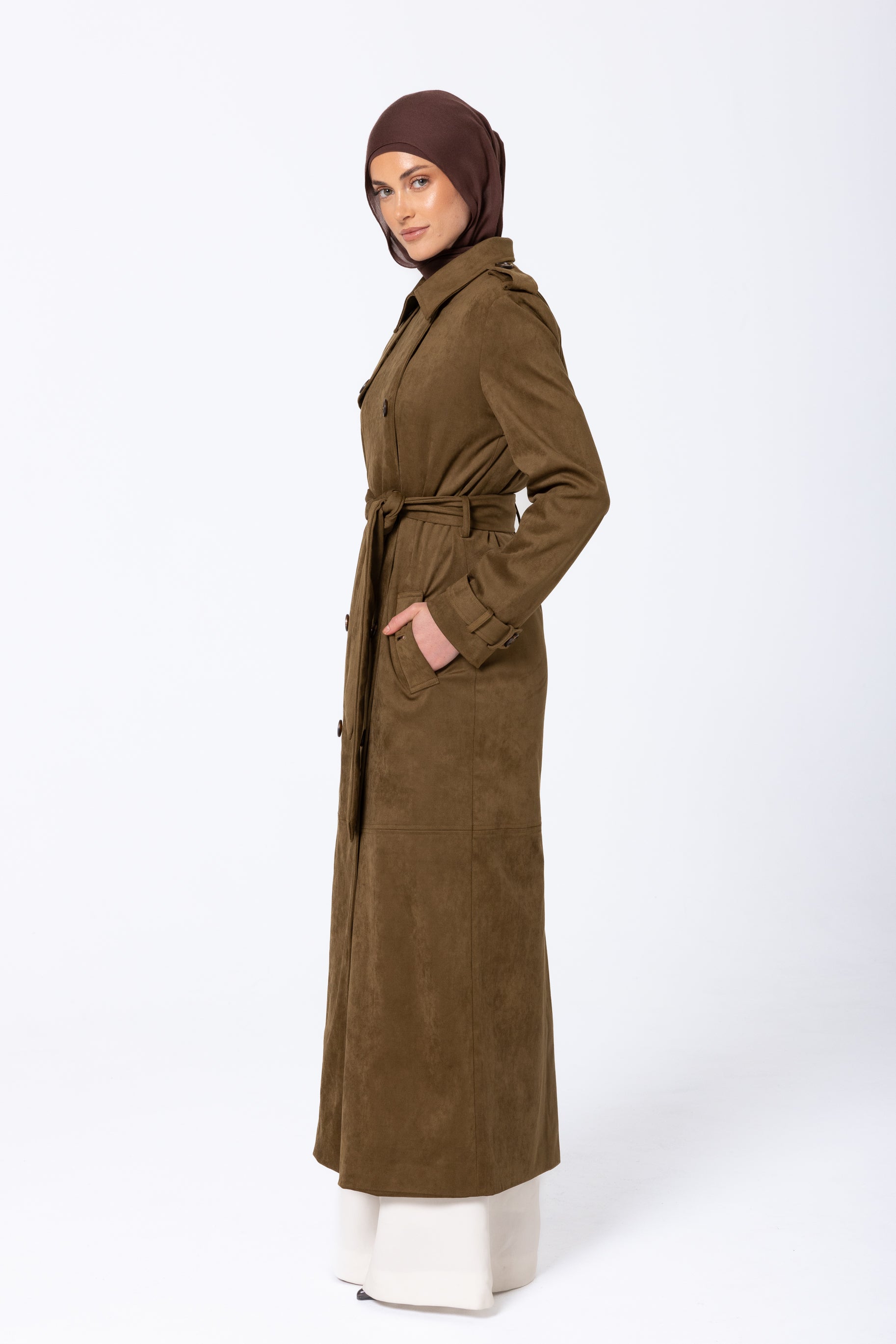 Soraya Suede Trench Coat - Olive