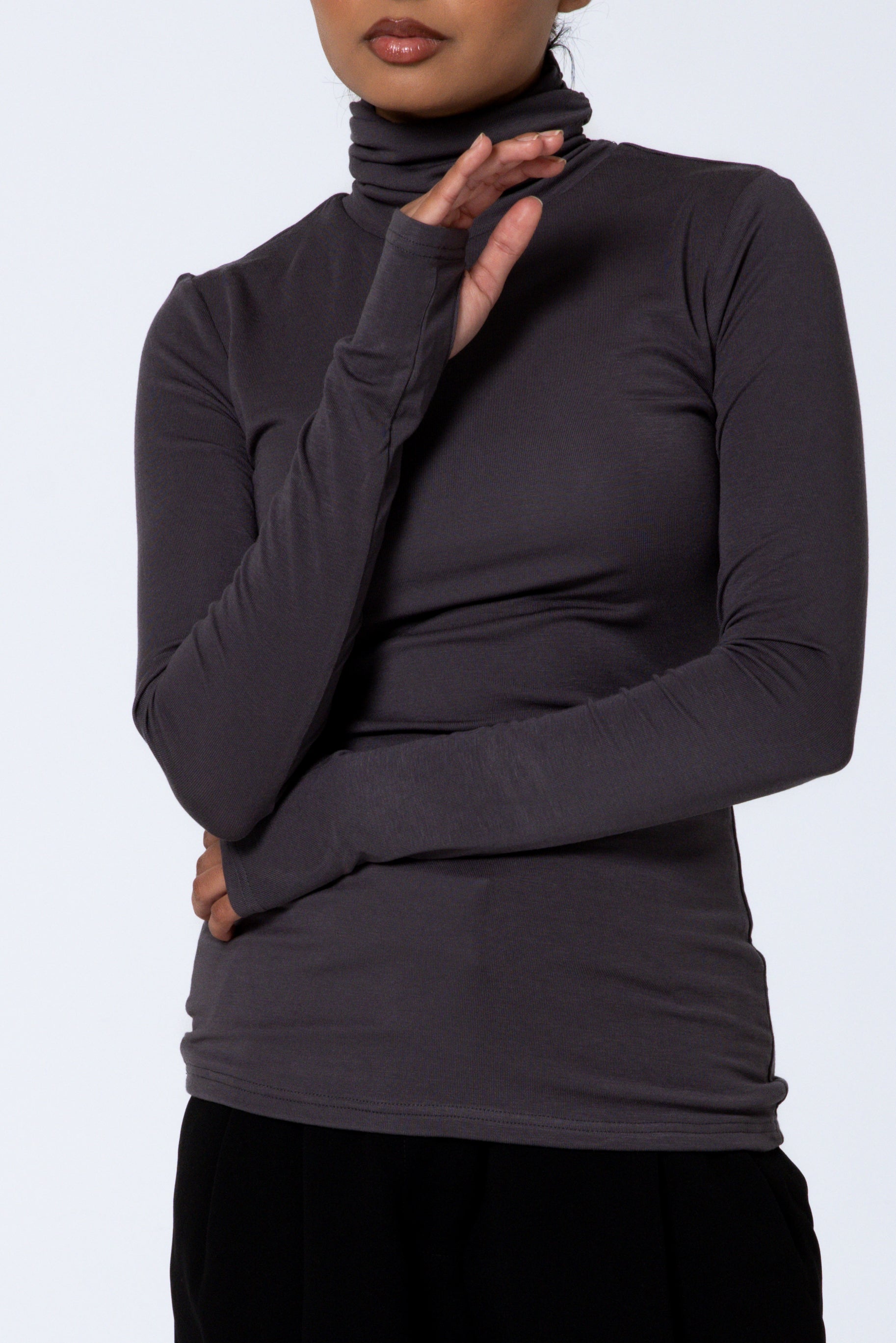 Modal Turtleneck Top - Charcoal