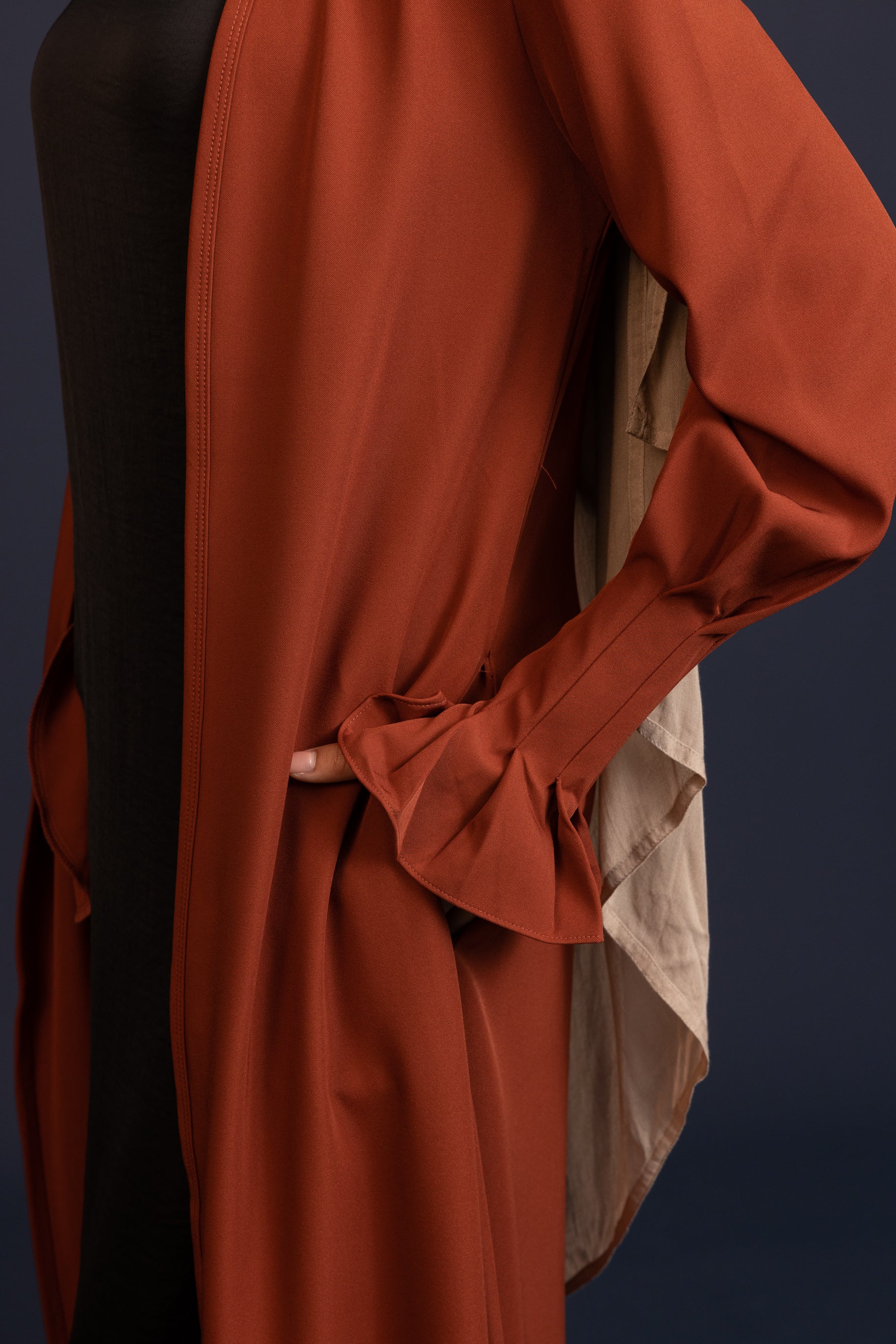 Pleated Cuff Open Abaya - Rust