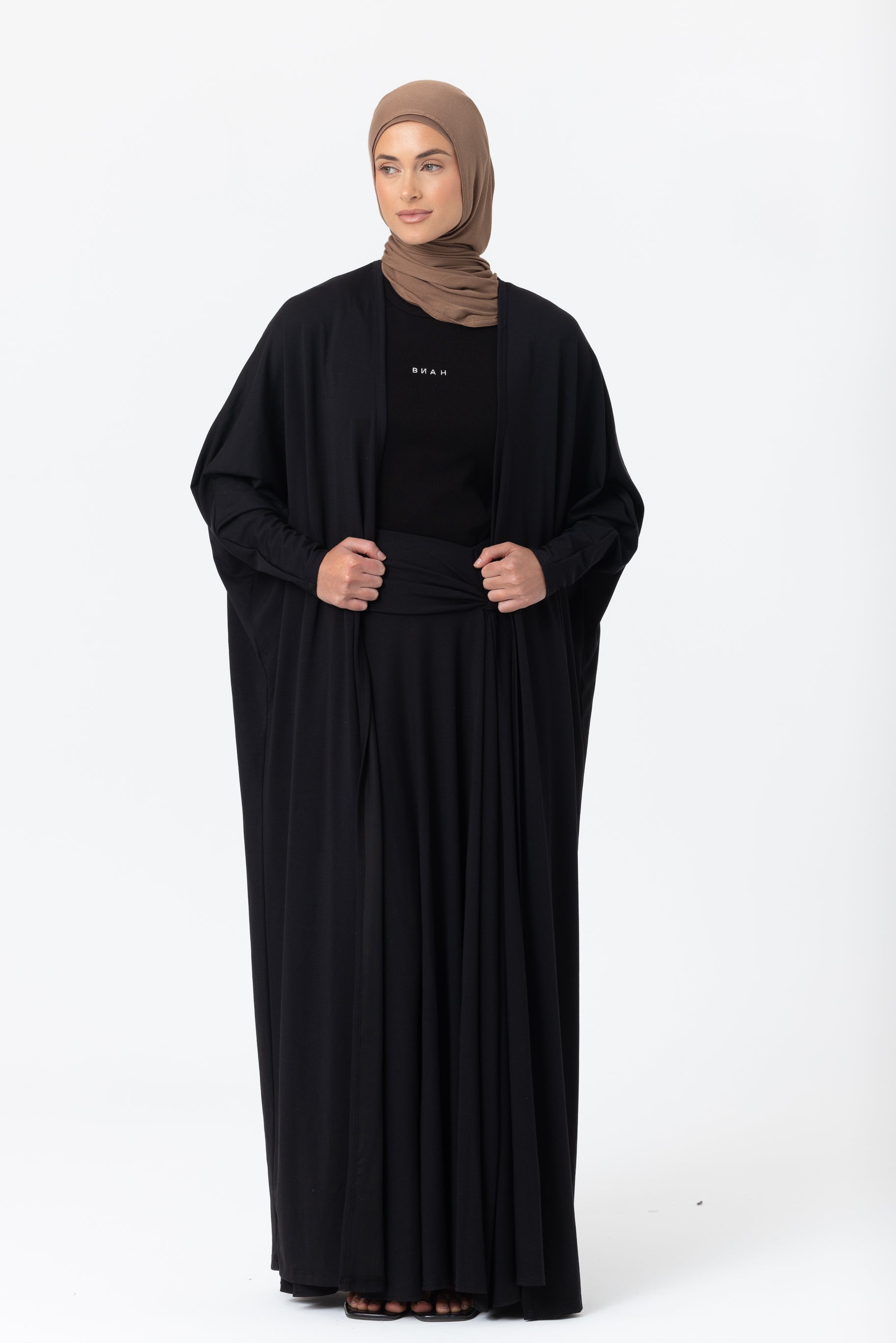 Jersey Batwing Open Abaya - Black
