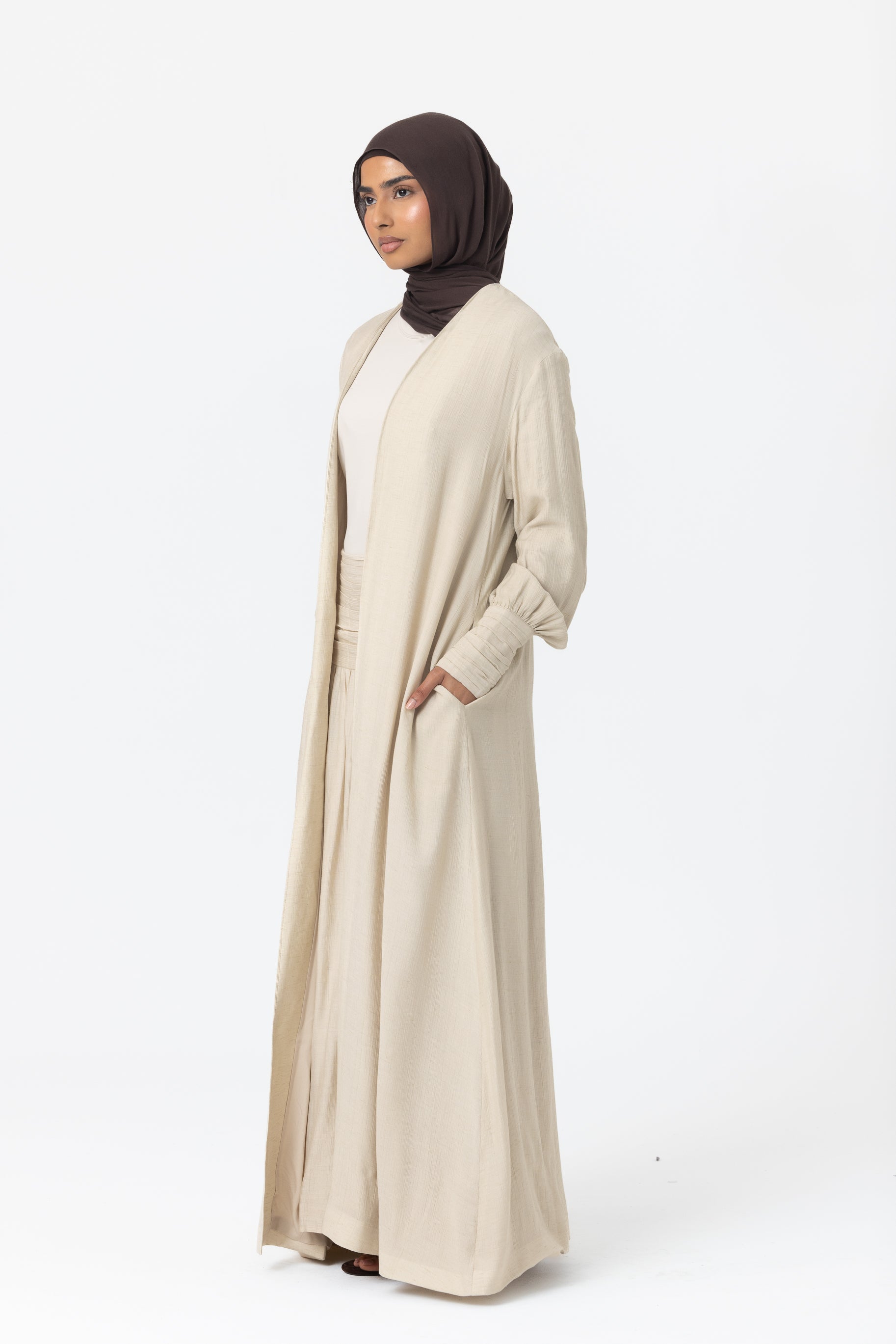 Noelle Ruched Open Abaya - Sand