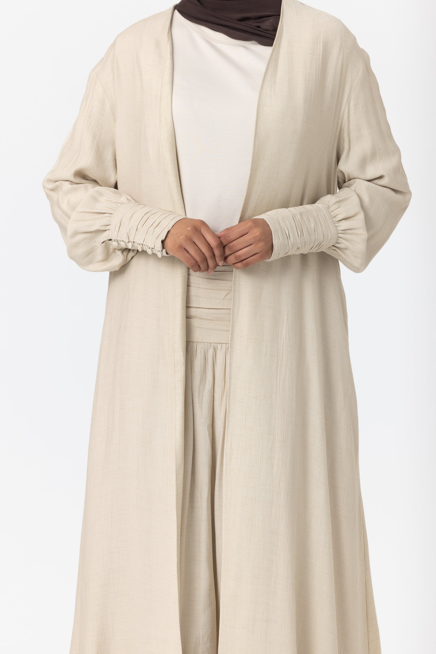 Noelle Ruched Open Abaya - Sand