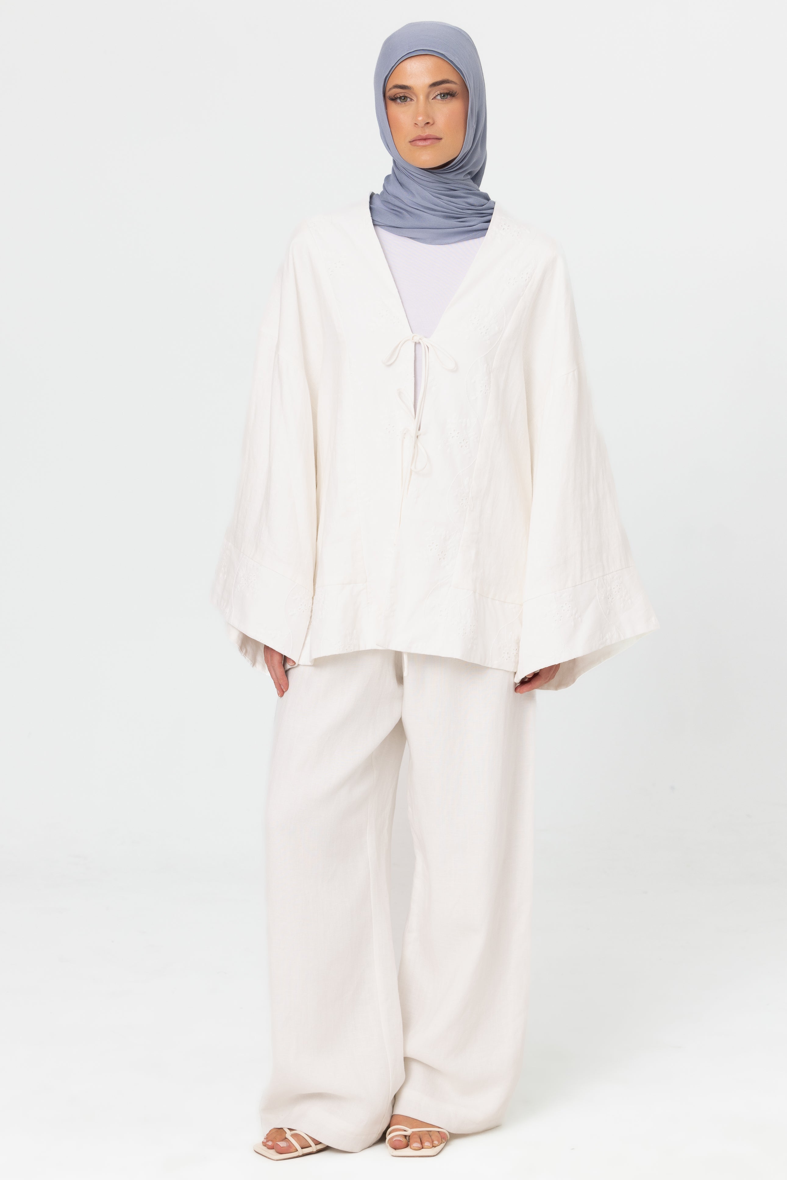 Linen Embroidered Kimono - Vanilla