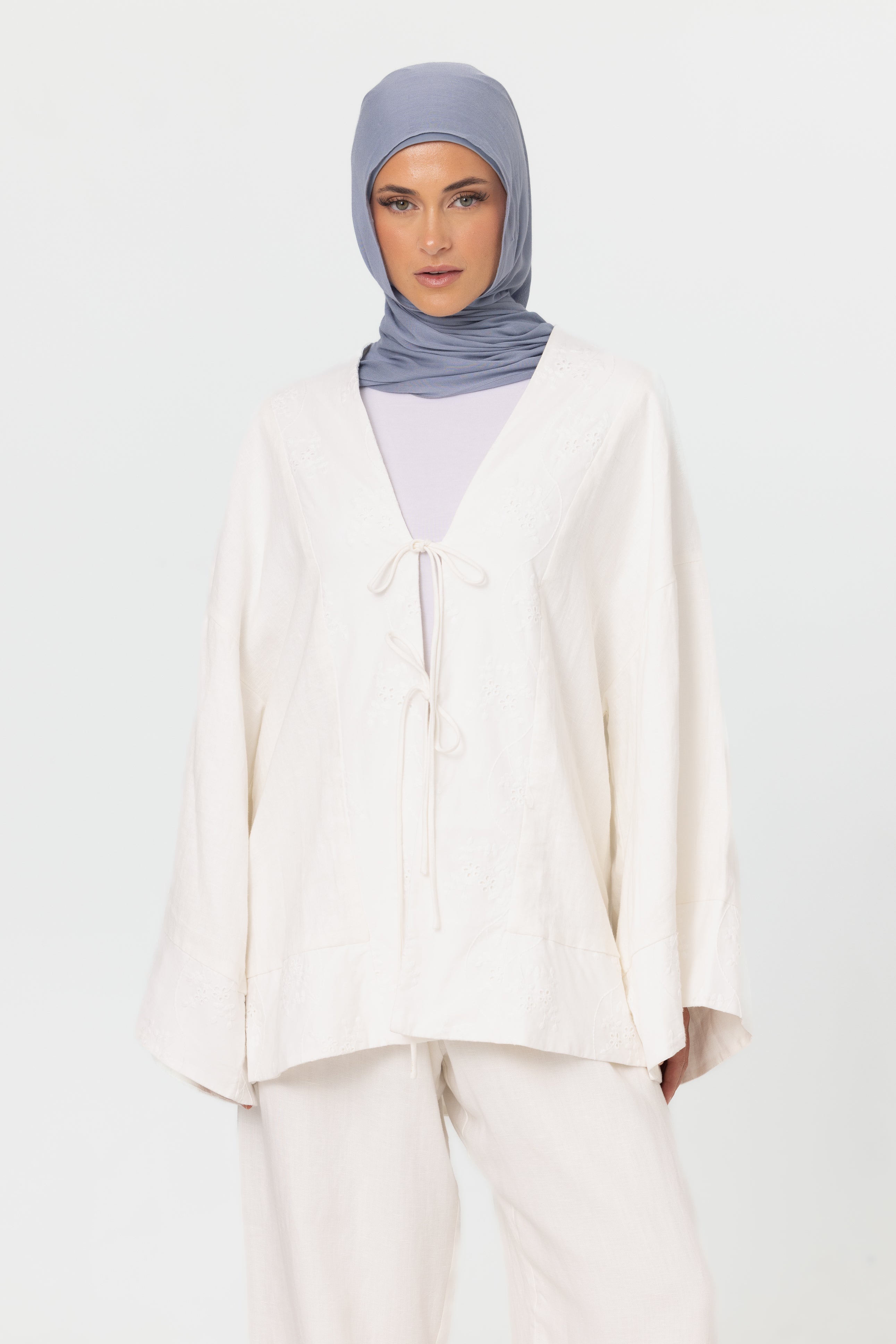 Linen Embroidered Kimono - Vanilla