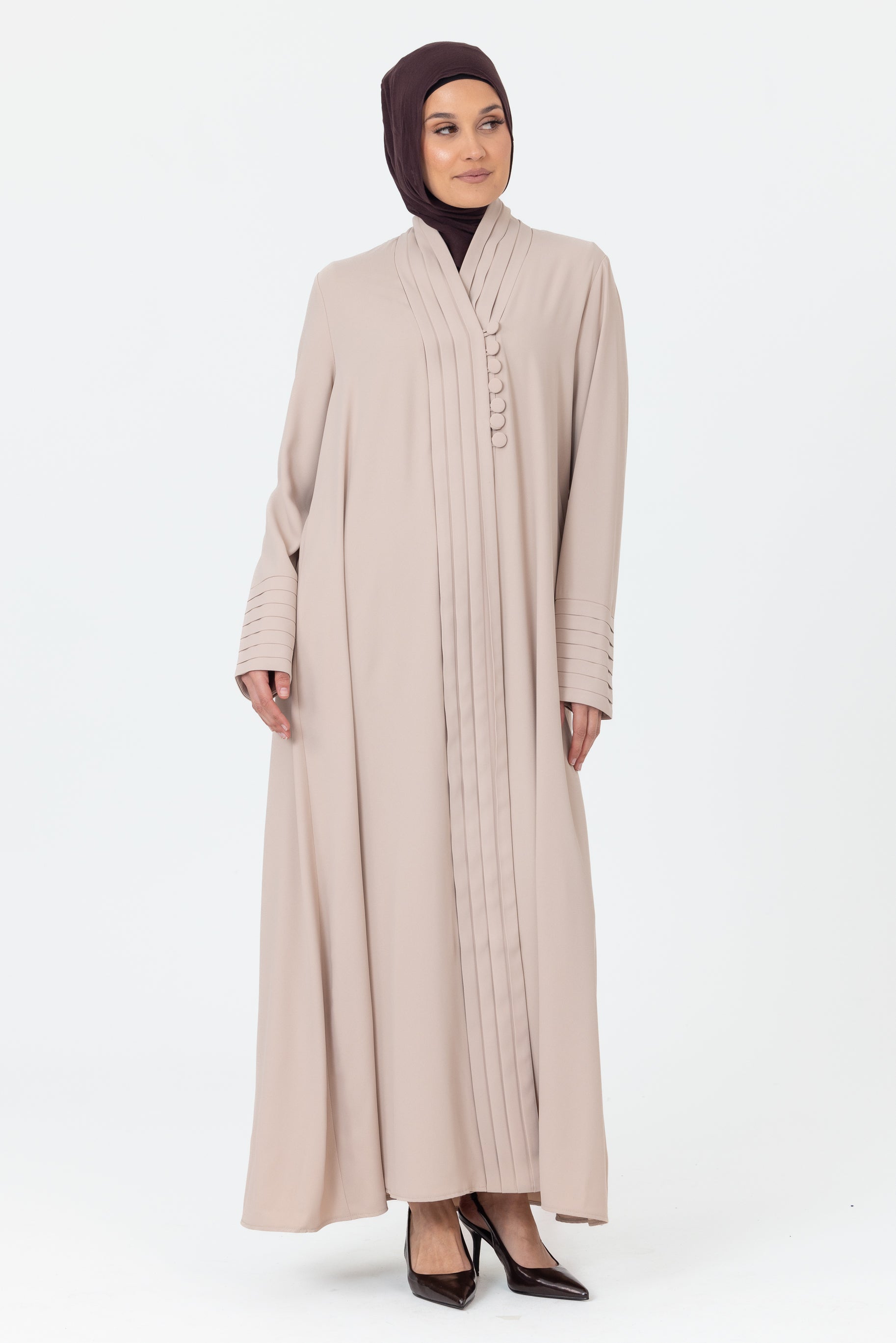 Nala Pleated Button Abaya - Light Blush