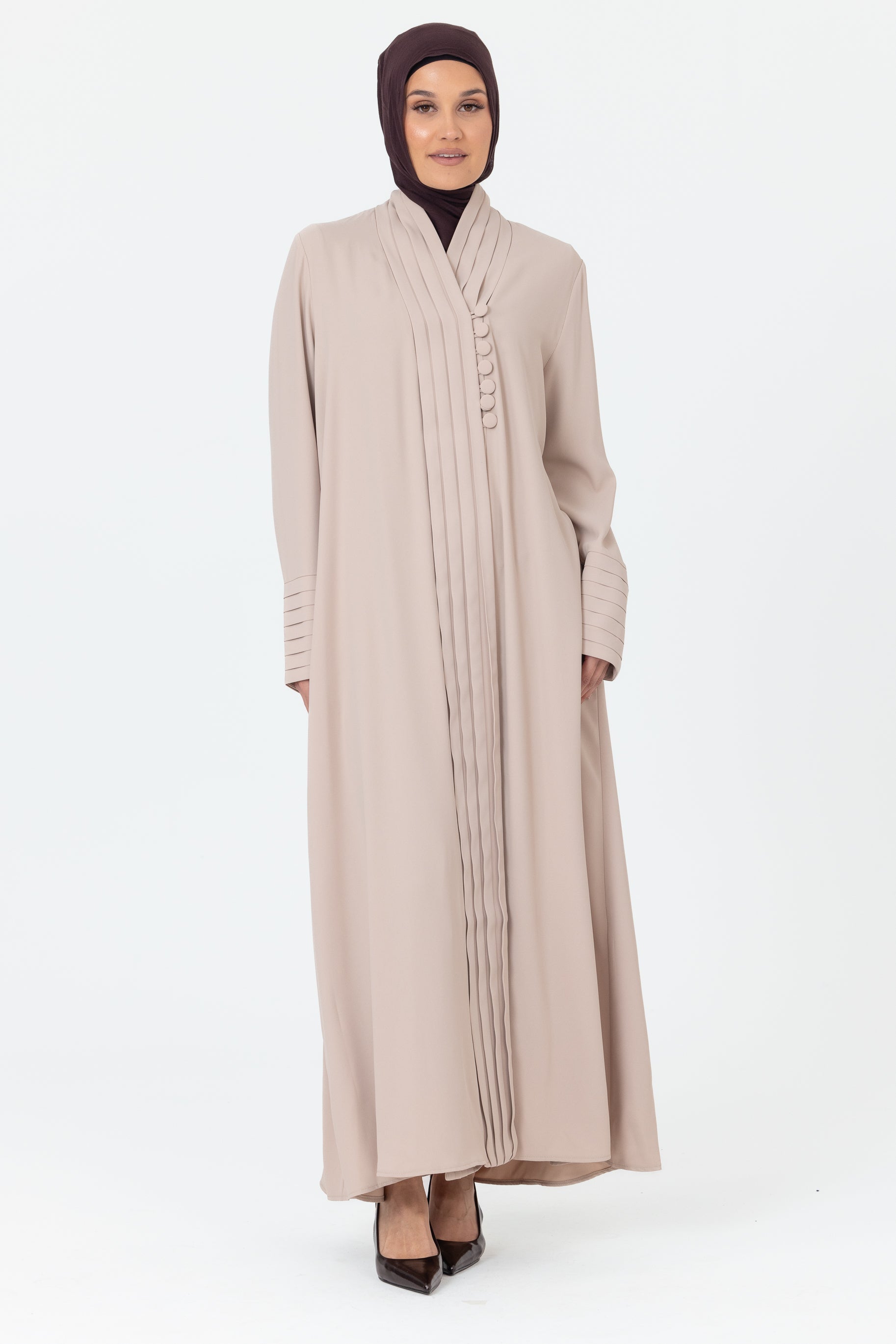 Nala Pleated Button Abaya - Light Blush
