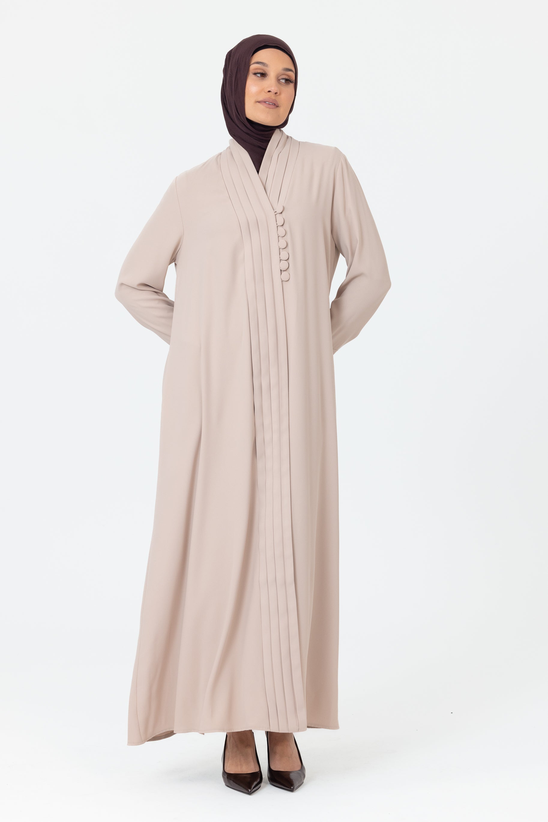 Nala Pleated Button Abaya - Light Blush