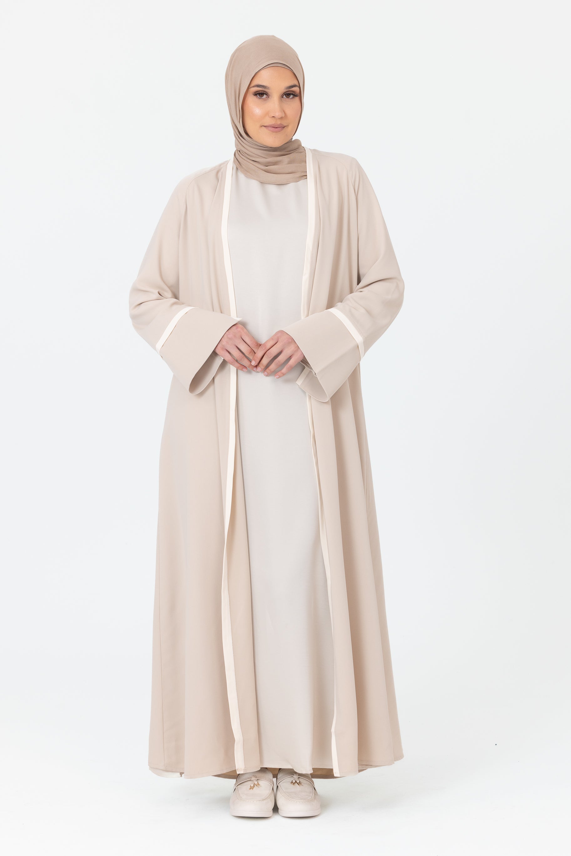Leila Contrast Open Abaya - Stone