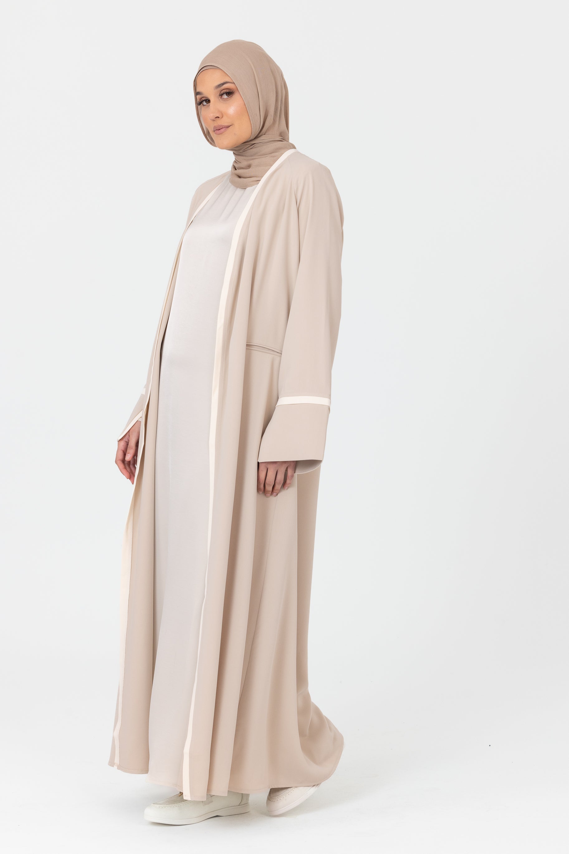 Leila Contrast Open Abaya - Stone