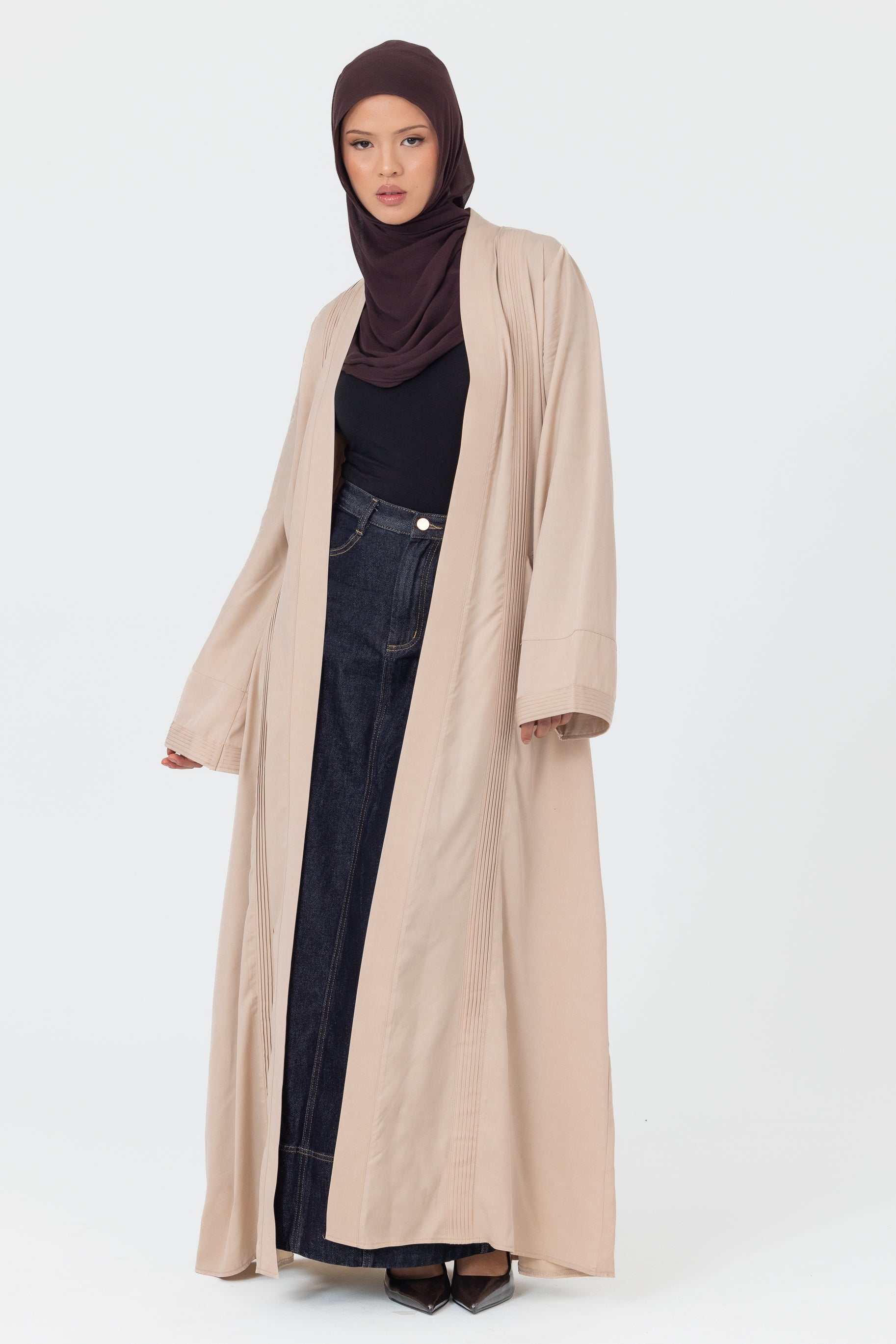 Tencel Pleated Open Abaya - Taupe