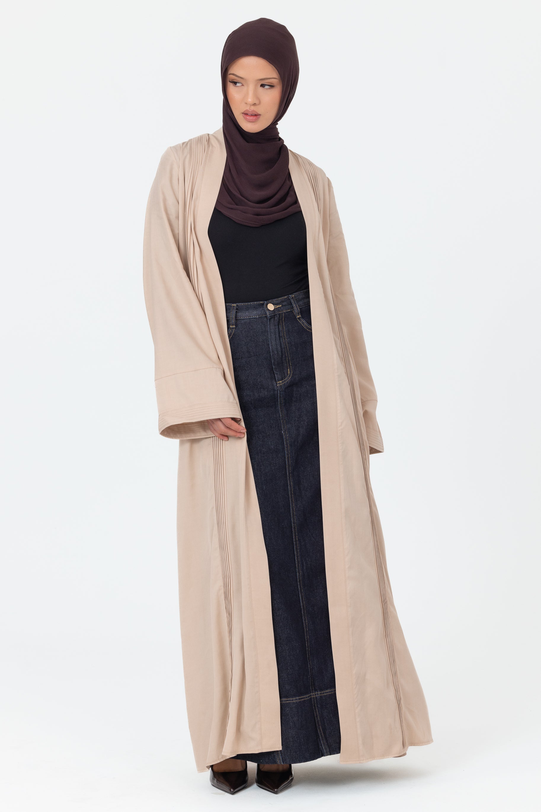 Tencel Pleated Open Abaya - Taupe