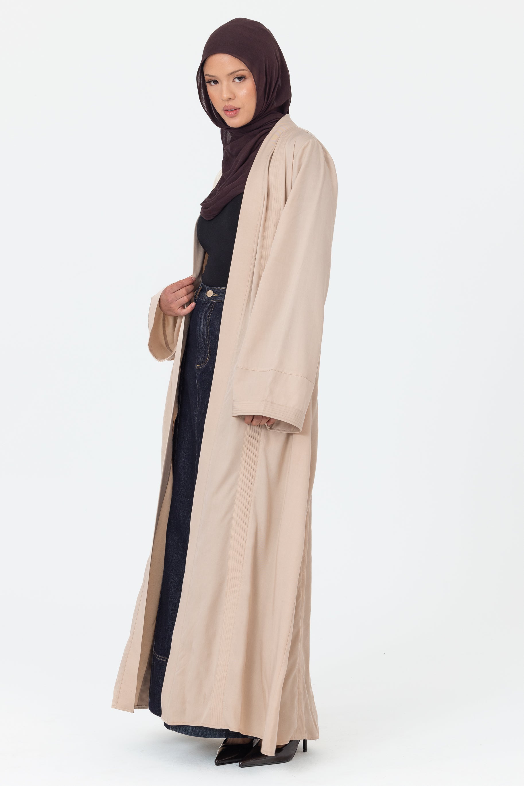 Tencel Pleated Open Abaya - Taupe