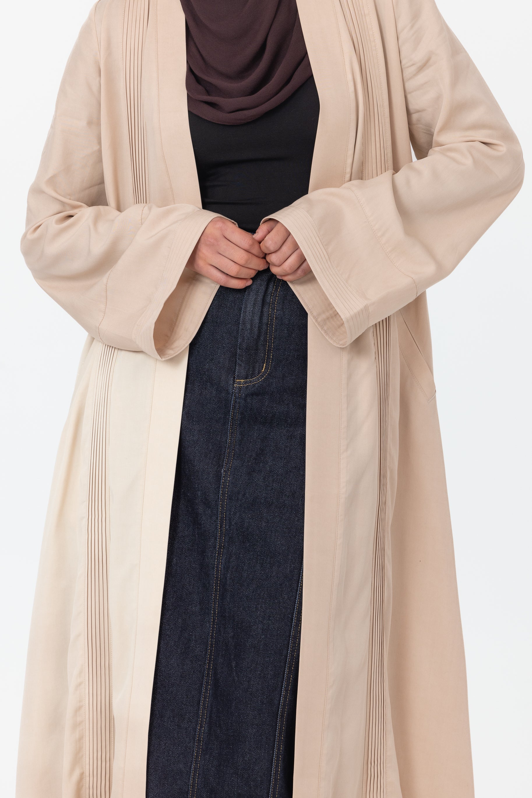 Tencel Pleated Open Abaya - Taupe