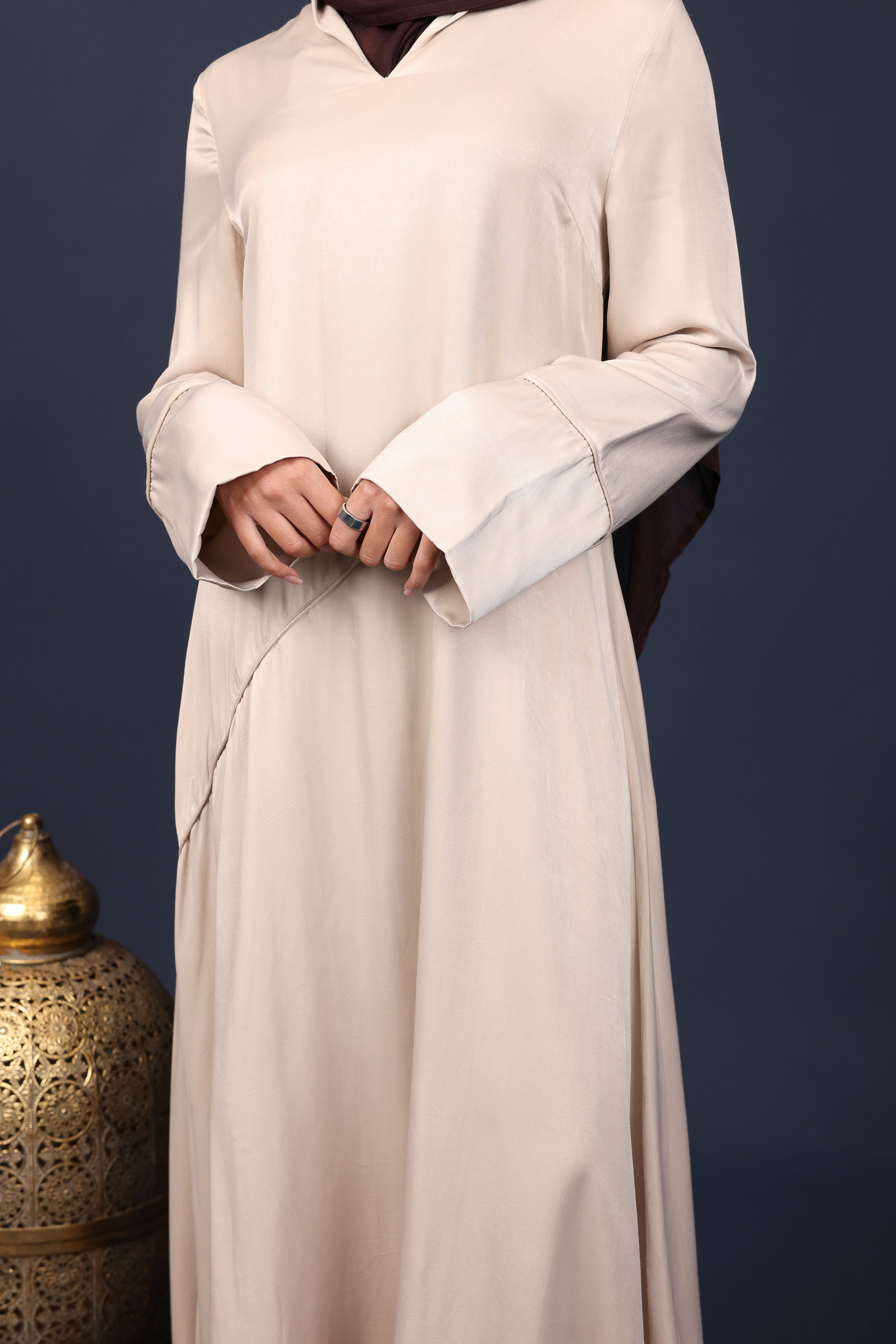 Adara Asymmetric Satin Abaya - Latte