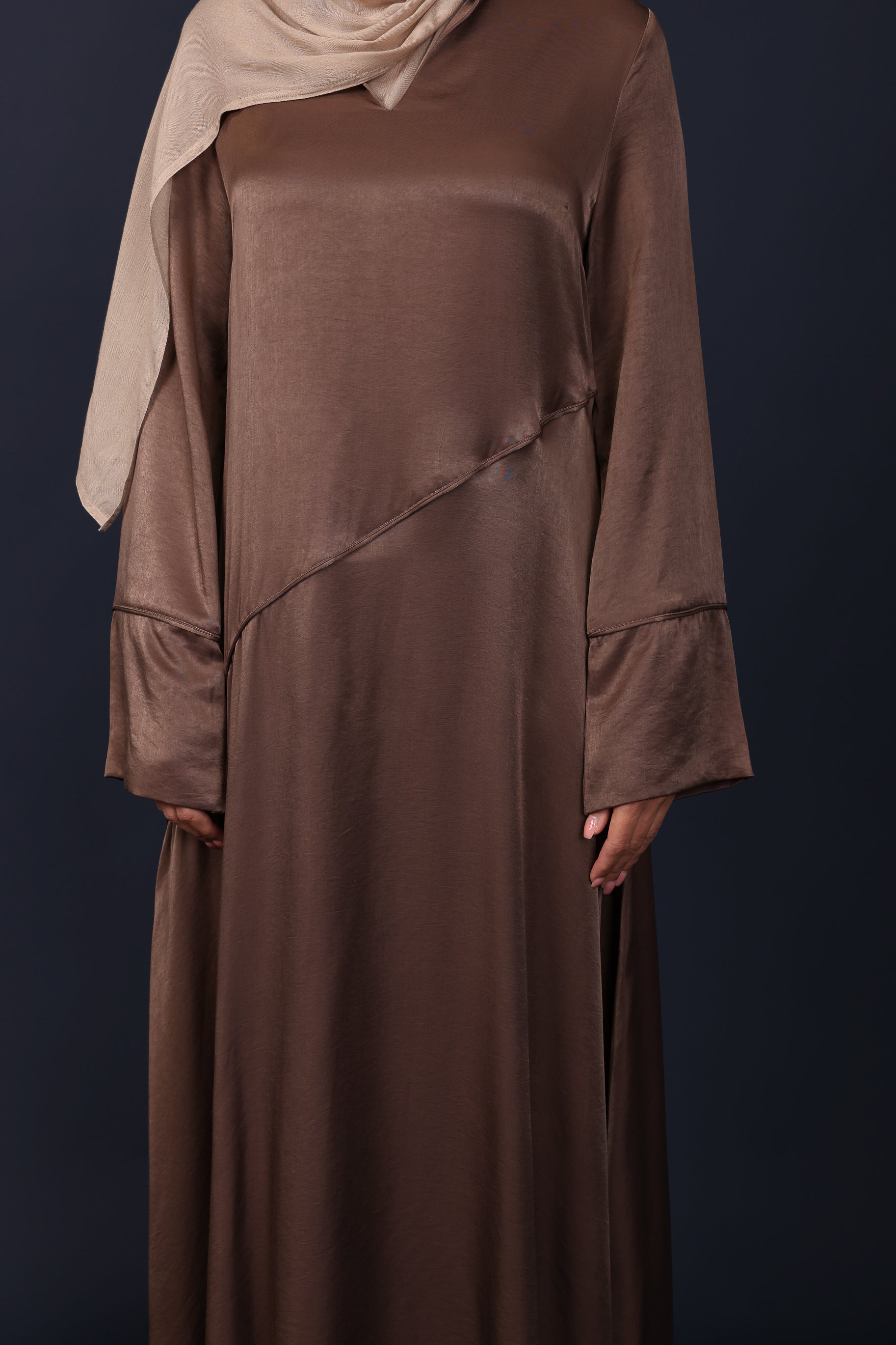 Adara Asymmetric Satin Abaya - Oak Brown