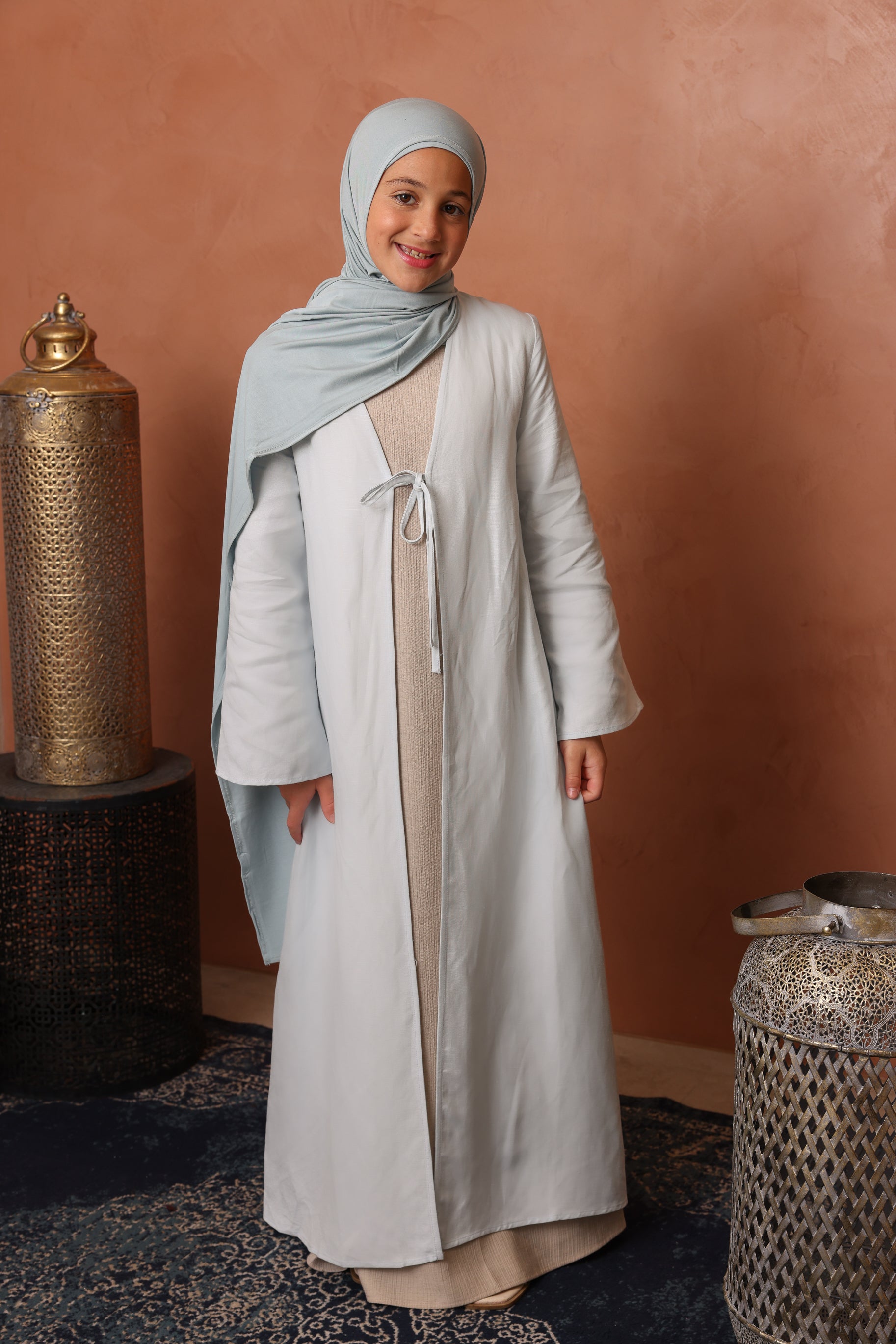 Girls Linen Tie Up Abaya - Blue
