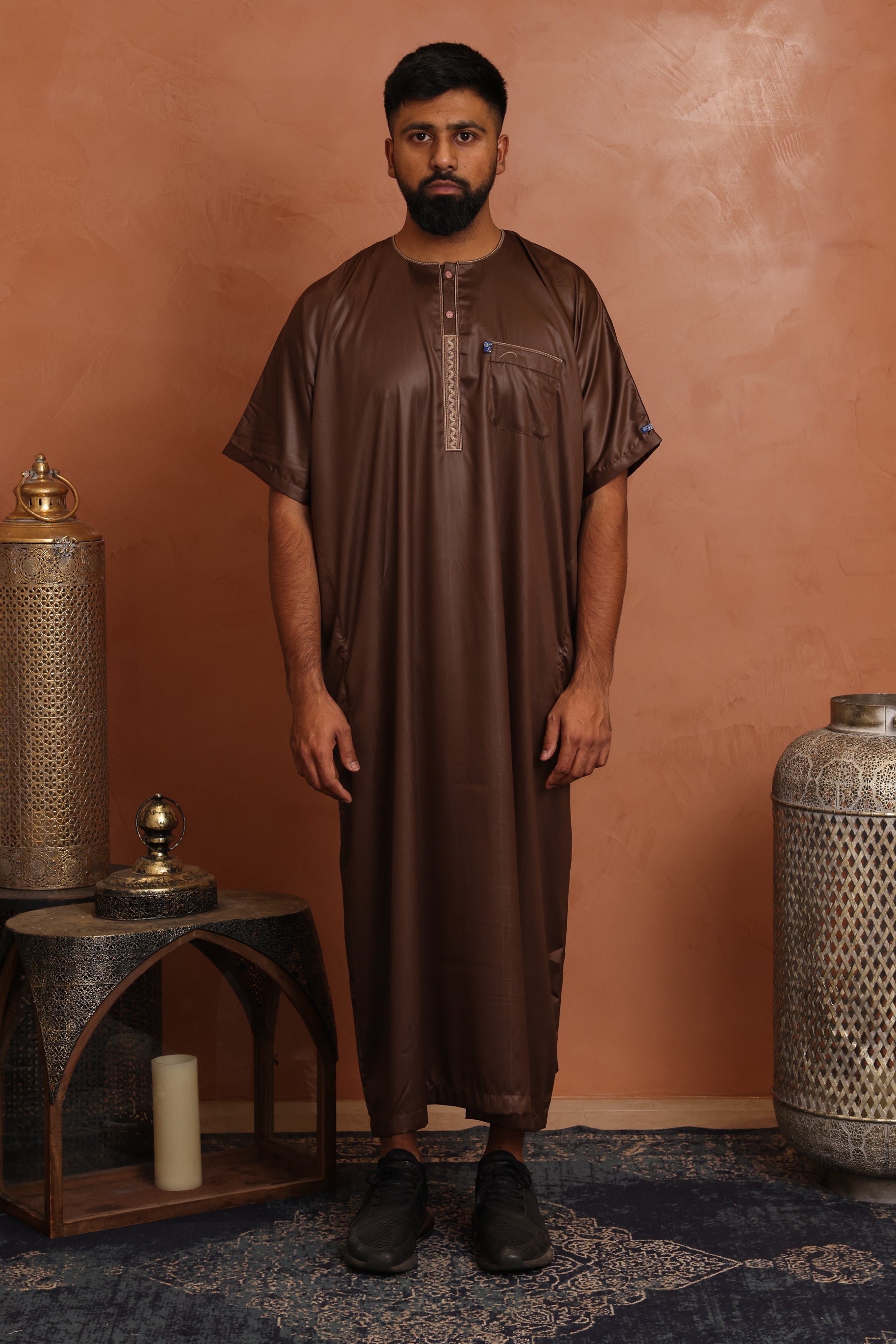 Mens Ikaf Polyester Short Sleeve Abaya - Chocolate