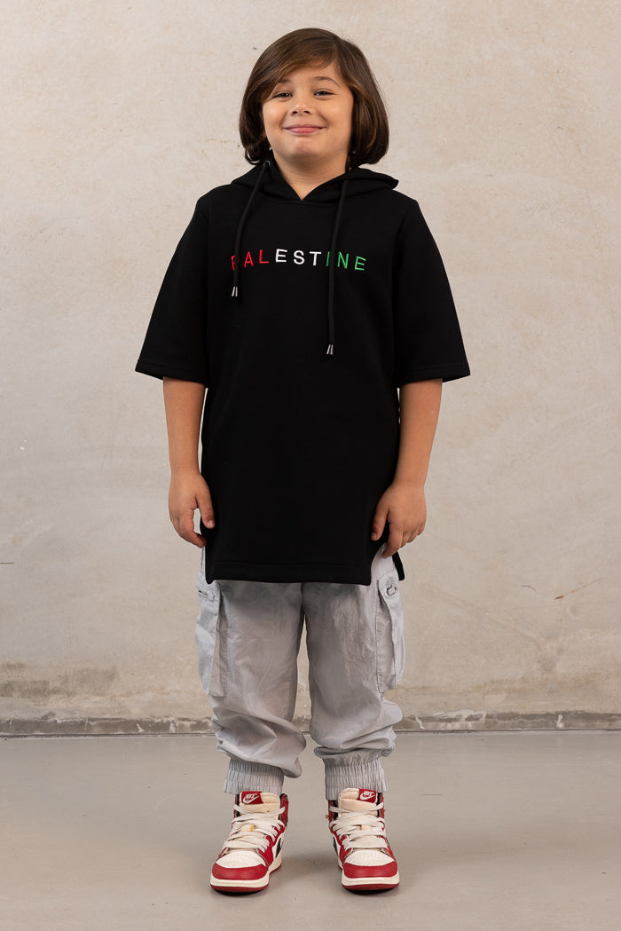 Boy's Oversized Short-Sleeve Palestine Hoodie - Black