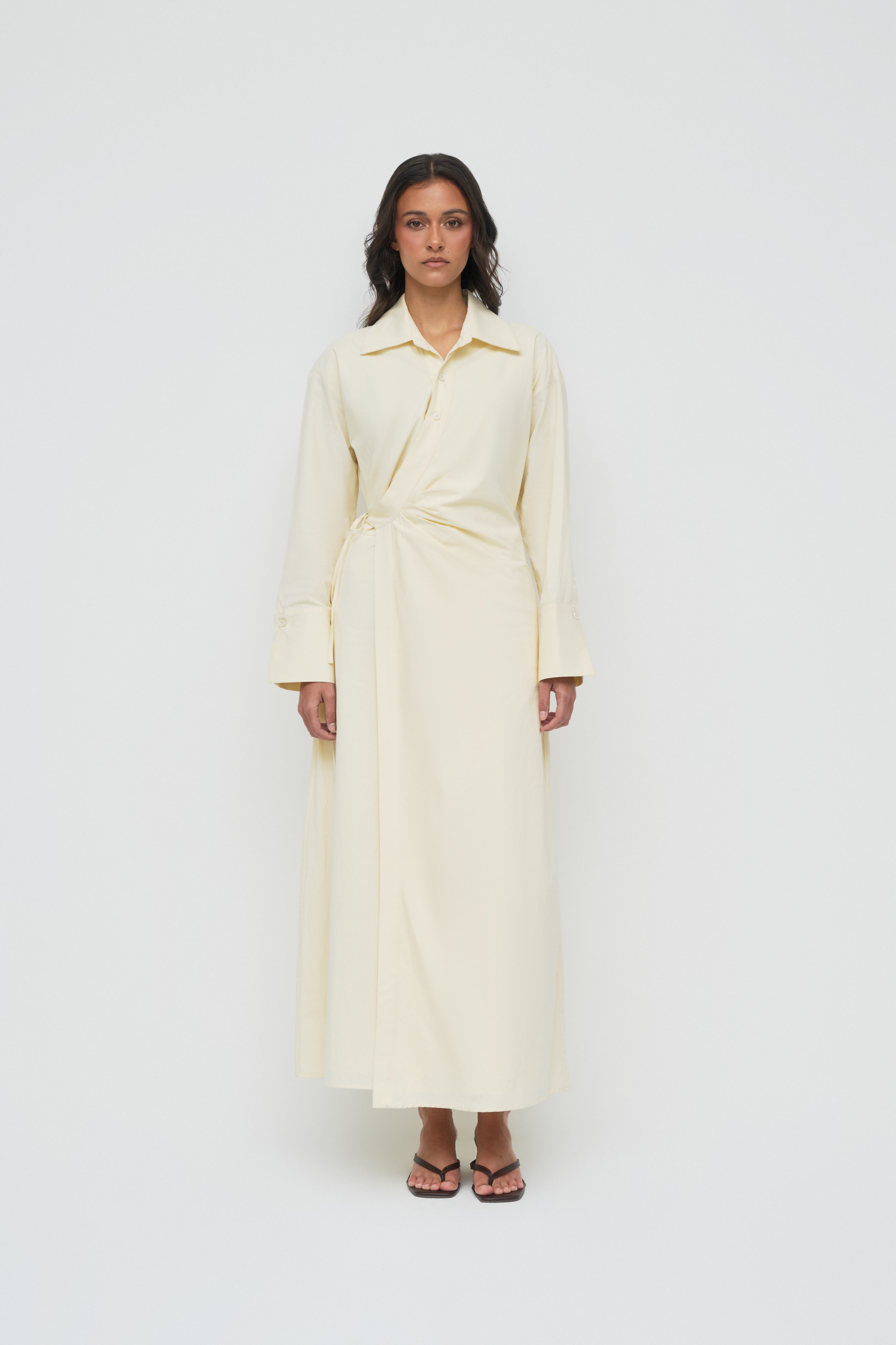 Asymmetric Poplin Wrap Dress - Butter