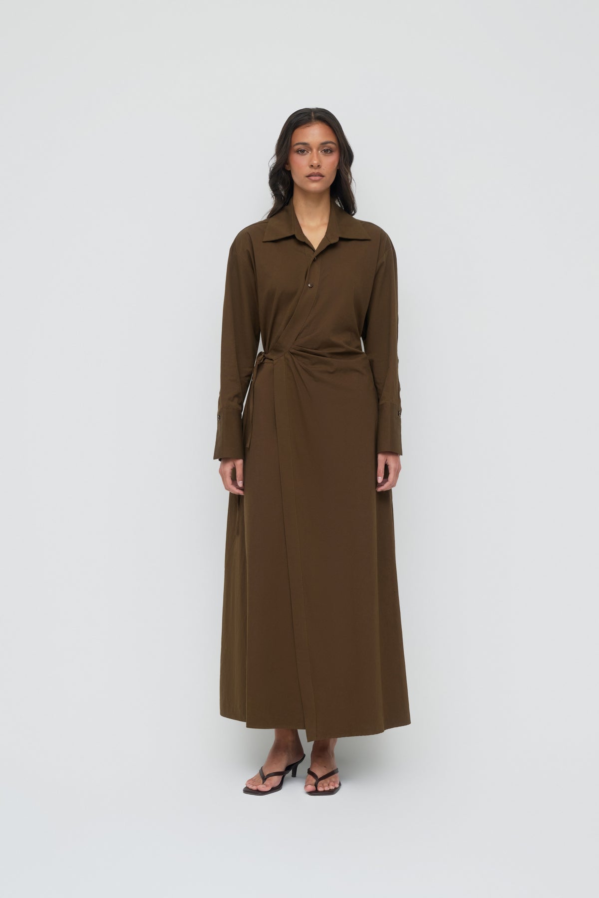 Asymmetric Poplin Wrap Dress - Dark Olive