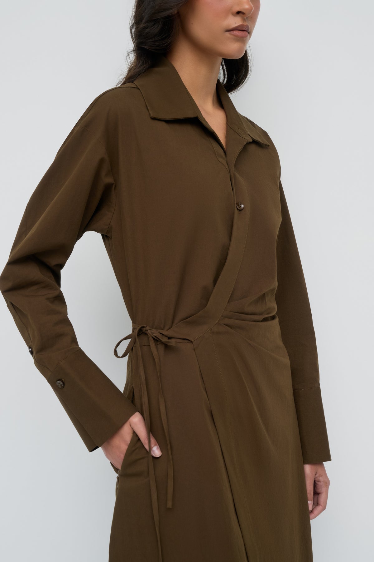 Asymmetric Poplin Wrap Dress - Dark Olive