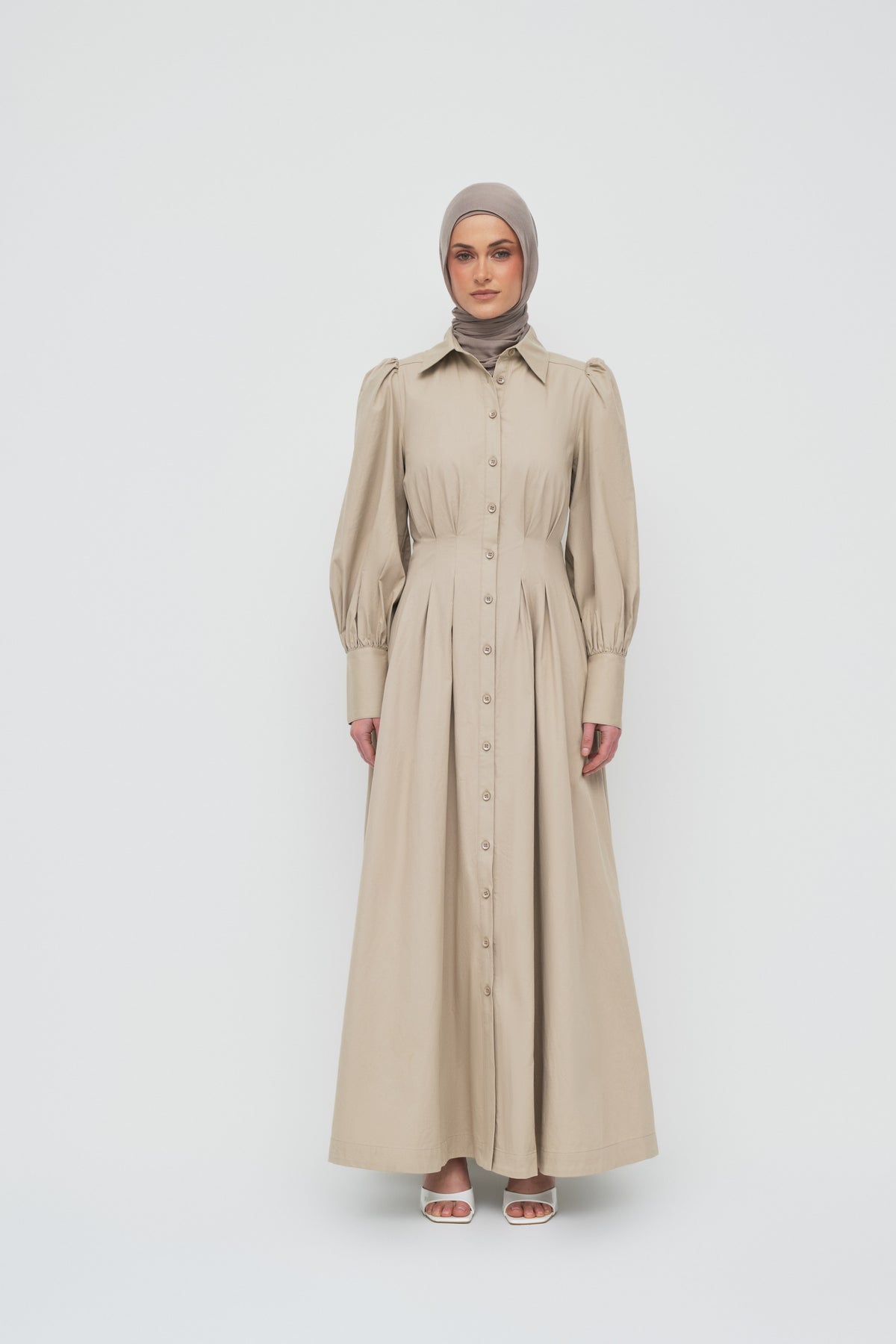Waist Pleat Cotton Shirt Dress - Crockery