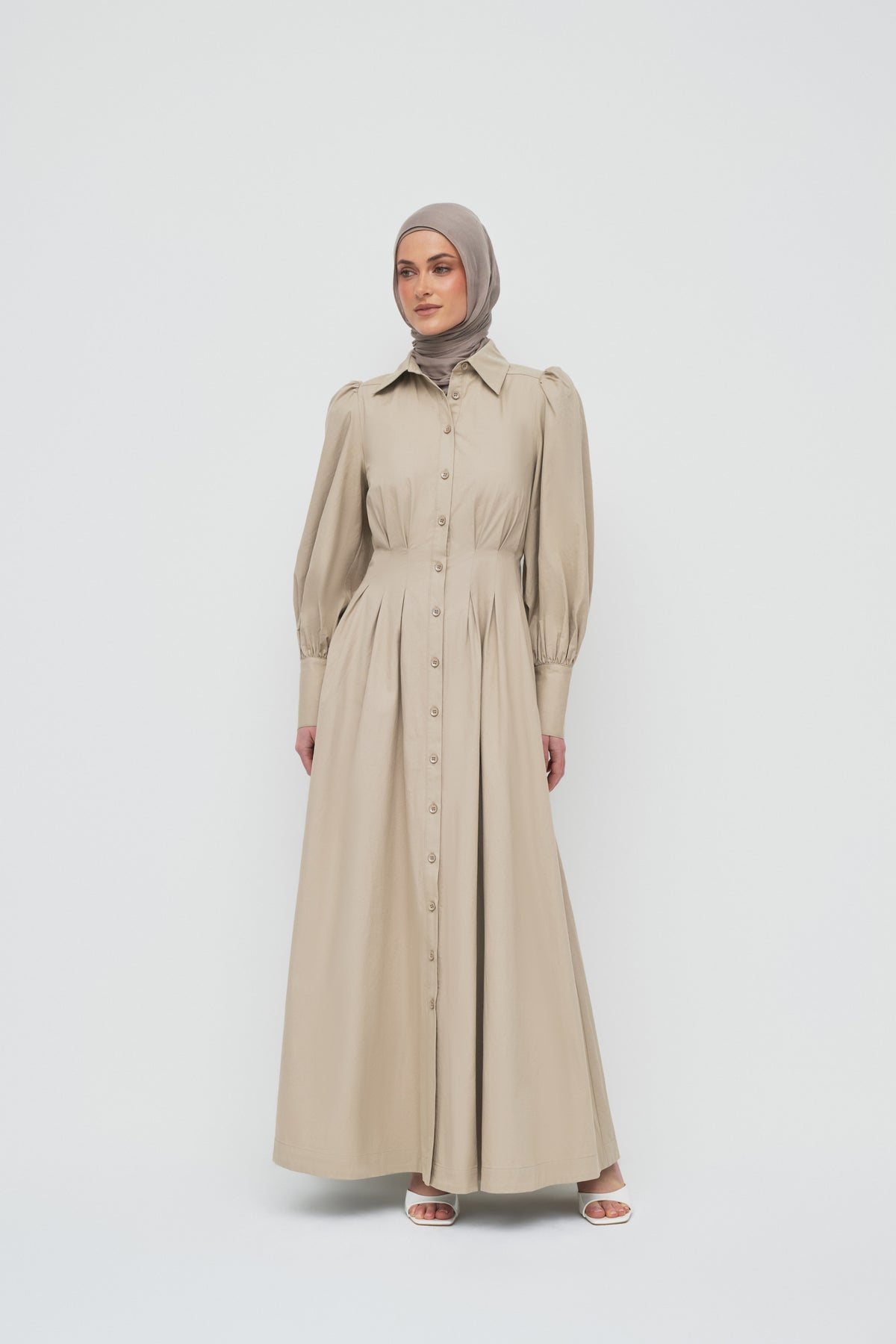 Waist Pleat Cotton Shirt Dress - Crockery