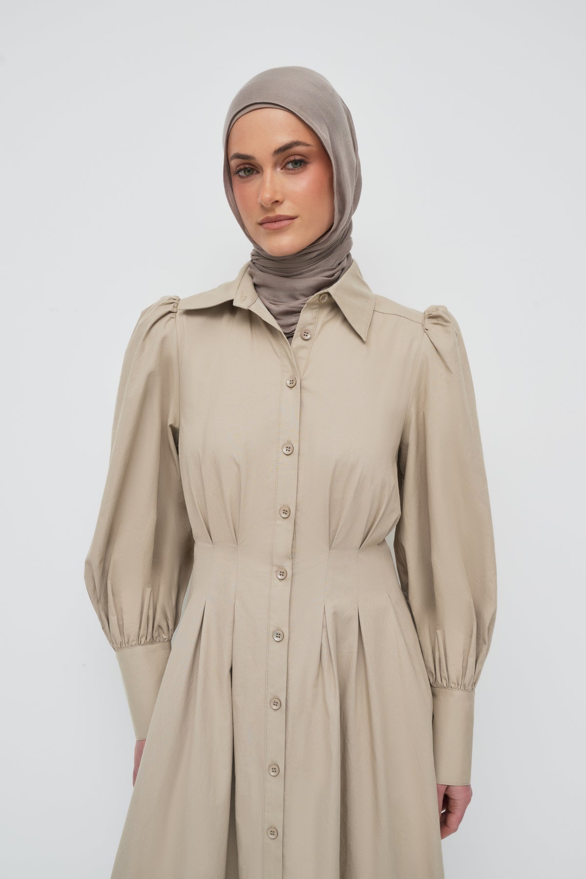Waist Pleat Cotton Shirt Dress - Crockery