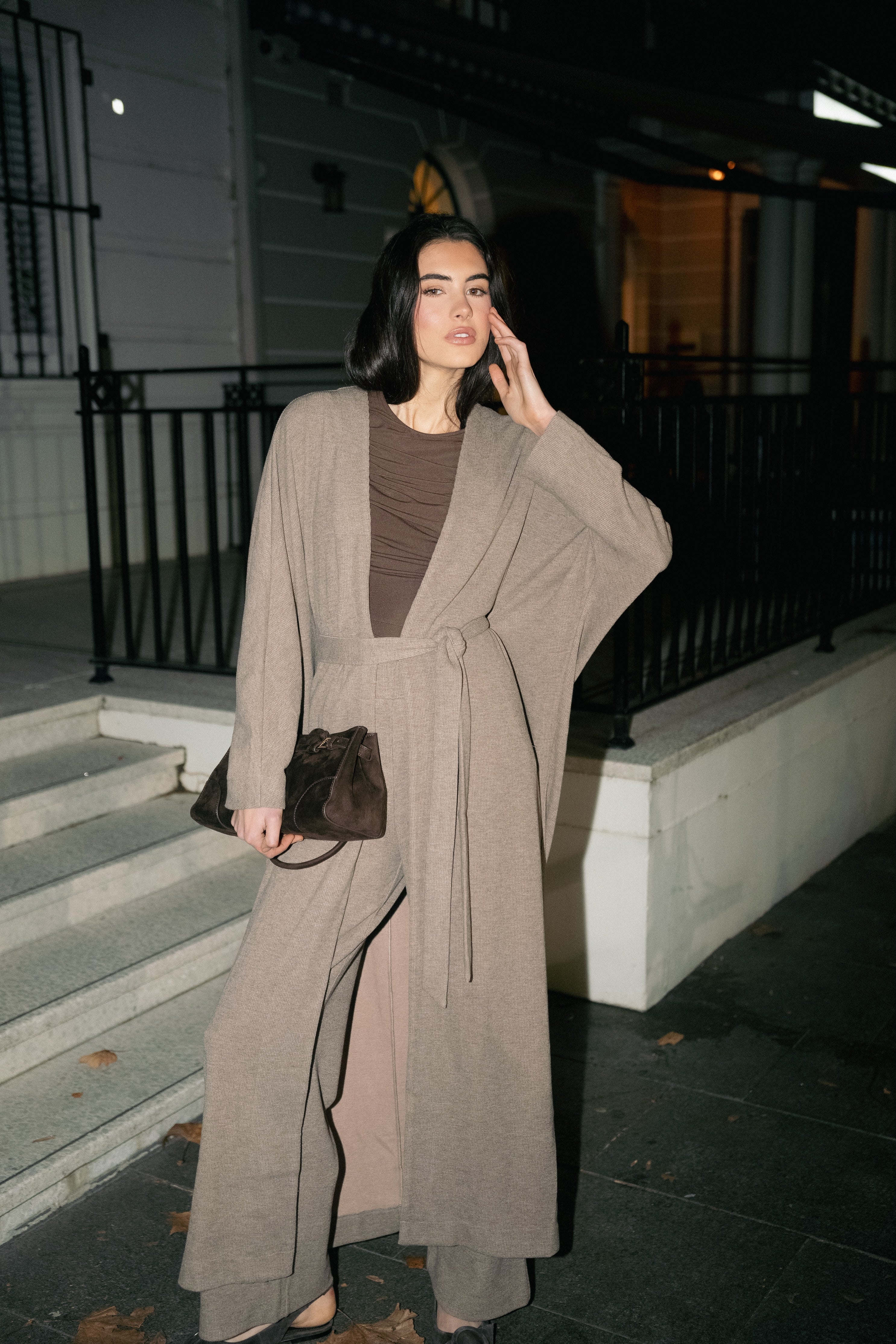 Rib Knit Batwing Abaya - Taupe