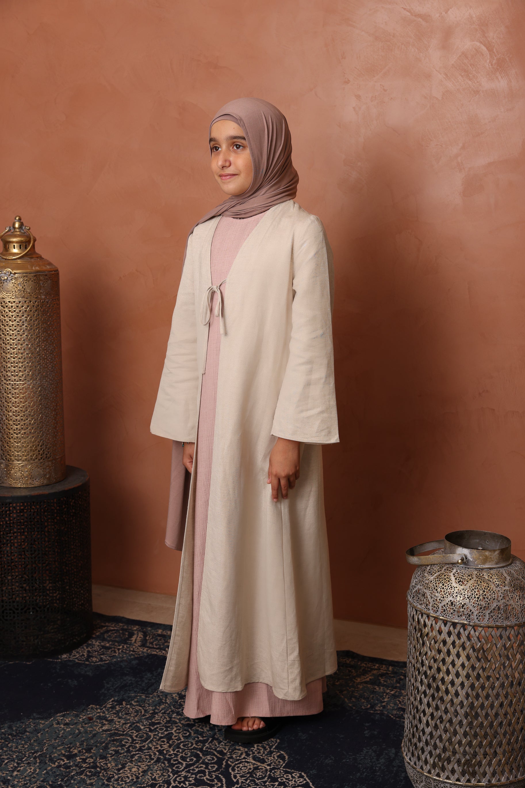 Girls Linen Tie Up Abaya - Natural