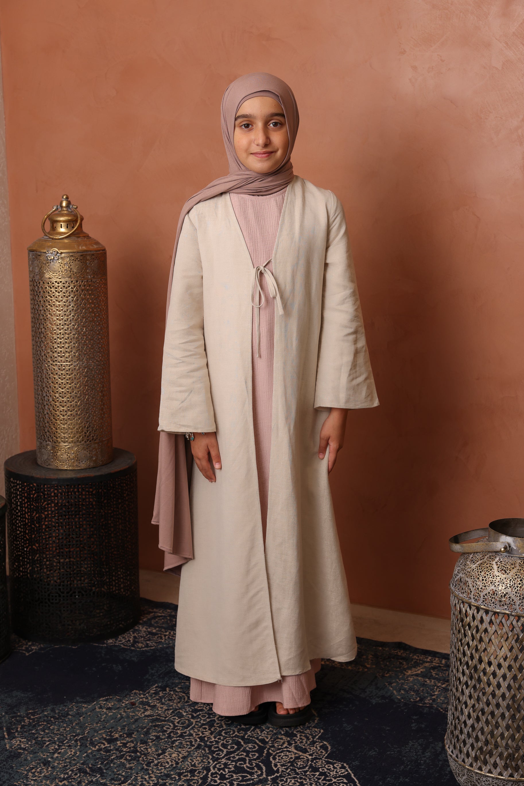Girls Linen Tie Up Abaya - Natural