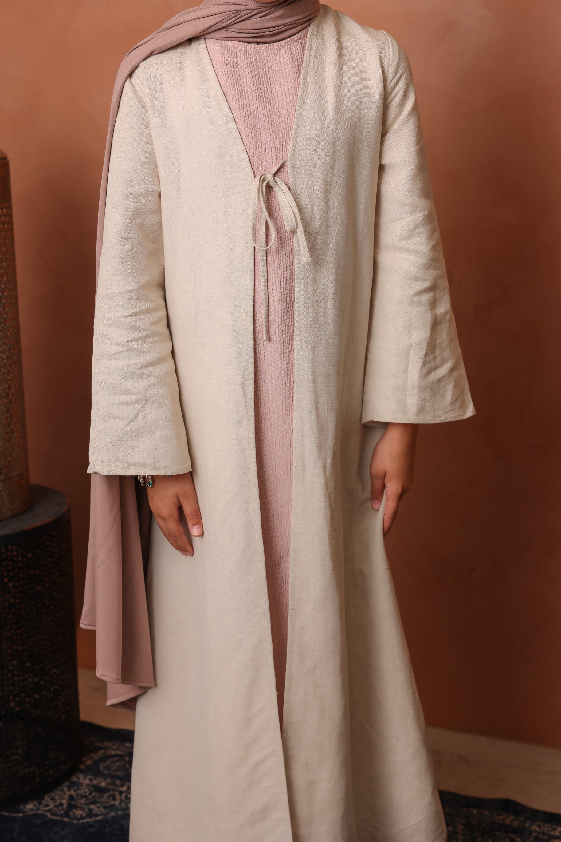 Girls Linen Tie Up Abaya - Natural
