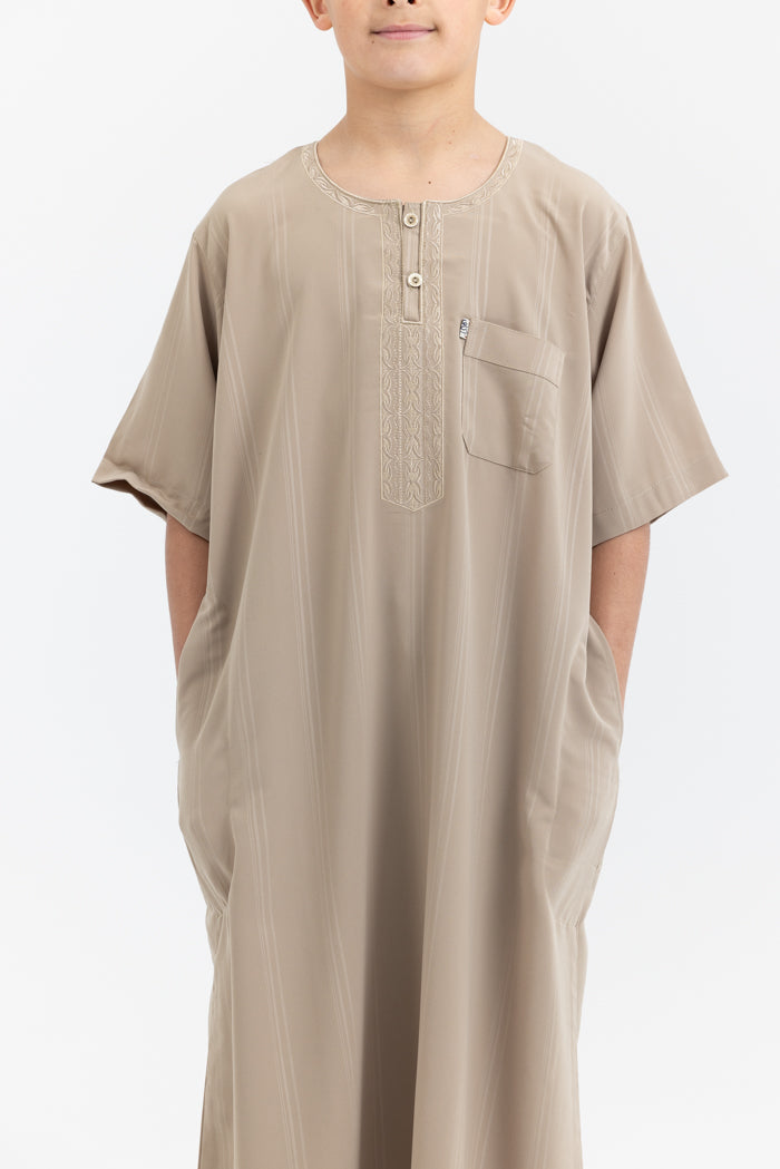 Youth Ikaf Embroidered Short Sleeve Abaya - Latte