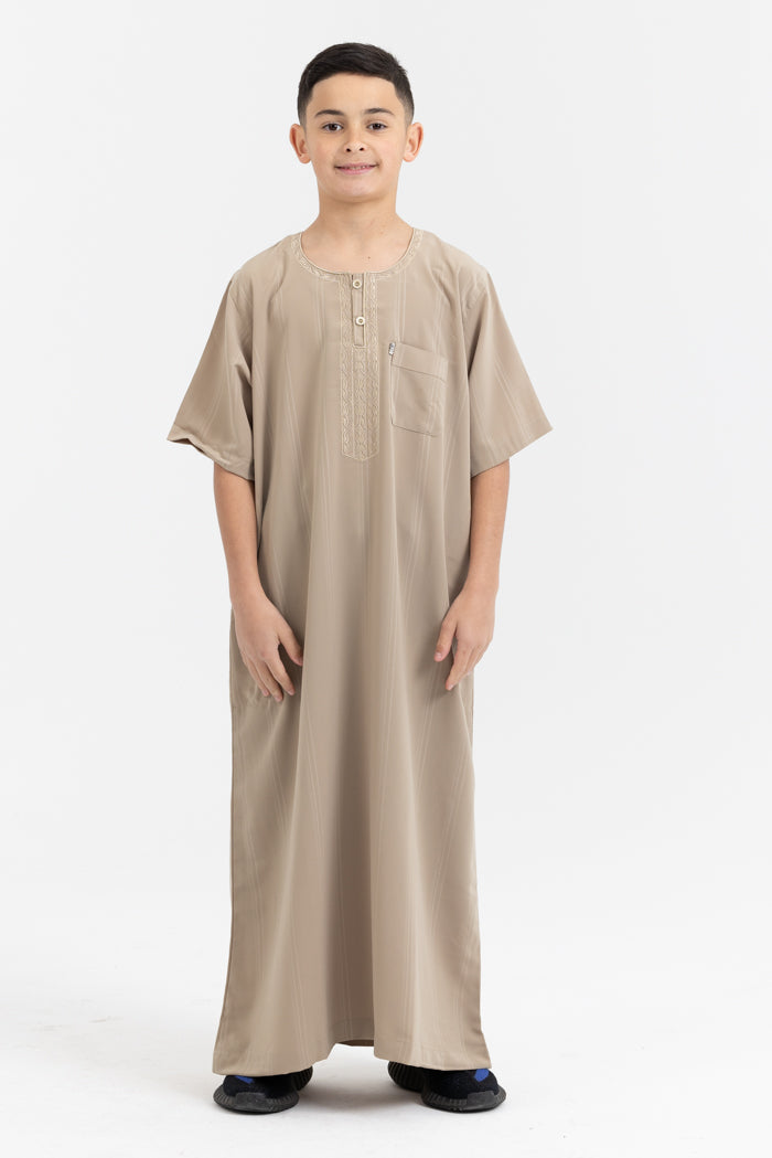Youth Ikaf Embroidered Short Sleeve Abaya - Latte